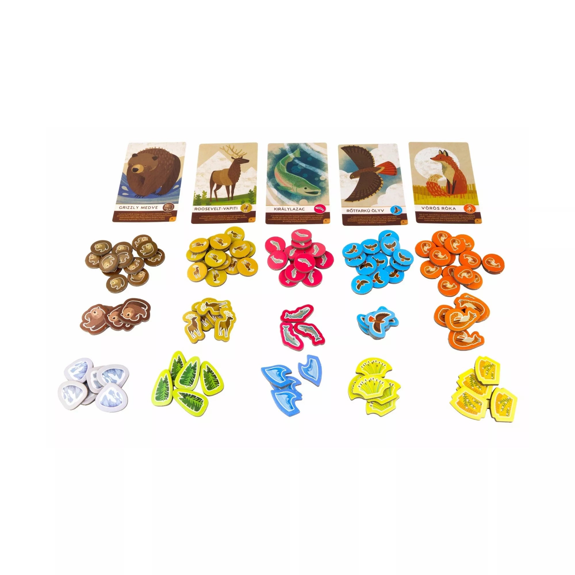 A Cascadia Junior állatos játékkártyái és jelzői: grizzly medve, róka, lazac, sas és vapiti.