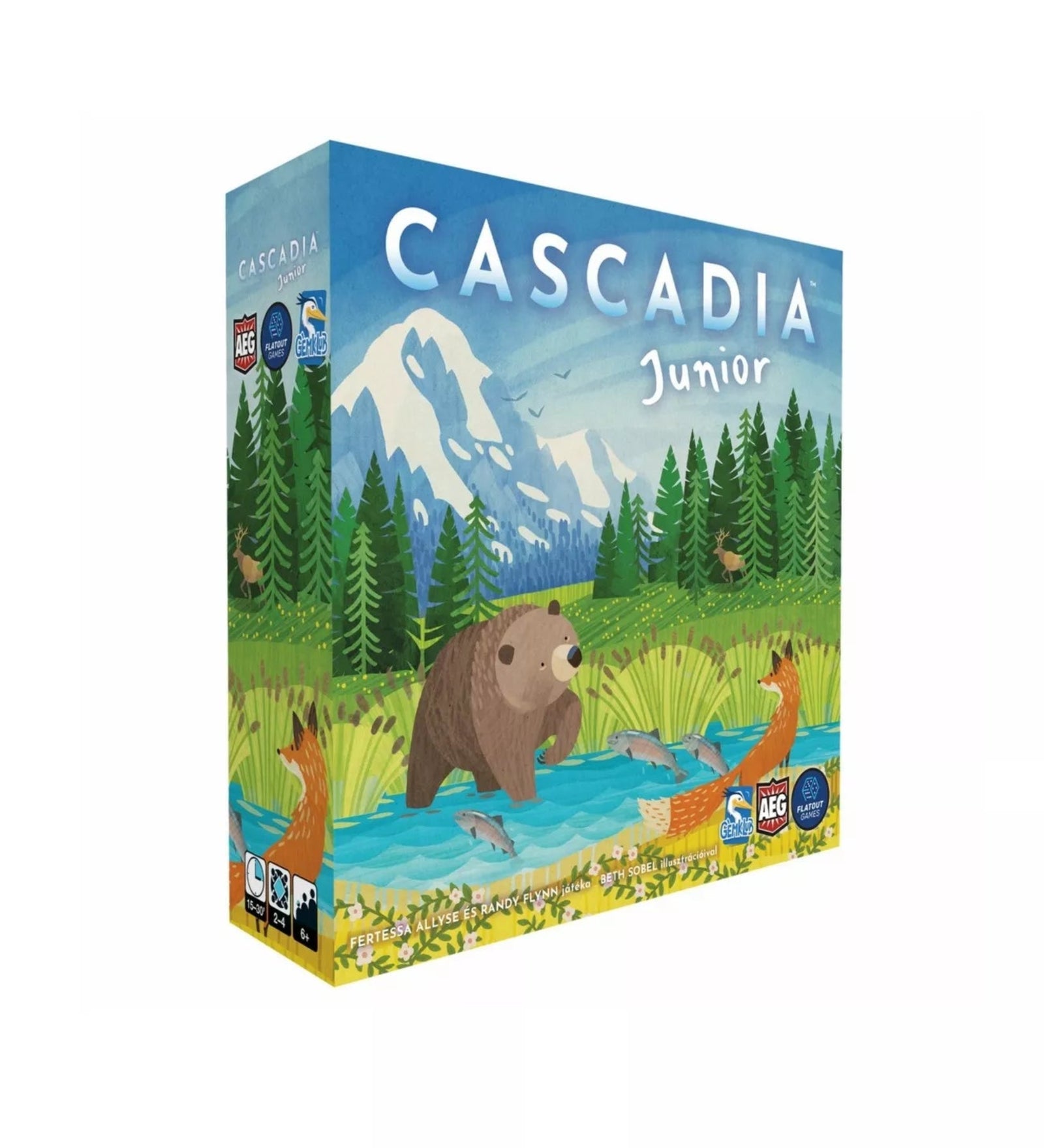A Cascadia Junior társasjáték doboza, rajta hegyvidéki táj, erdő, patak és állatok, köztük egy grizzly medve és egy róka.