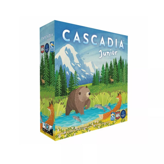 A Cascadia Junior társasjáték doboza, rajta hegyvidéki táj, erdő, patak és állatok, köztük egy grizzly medve és egy róka.