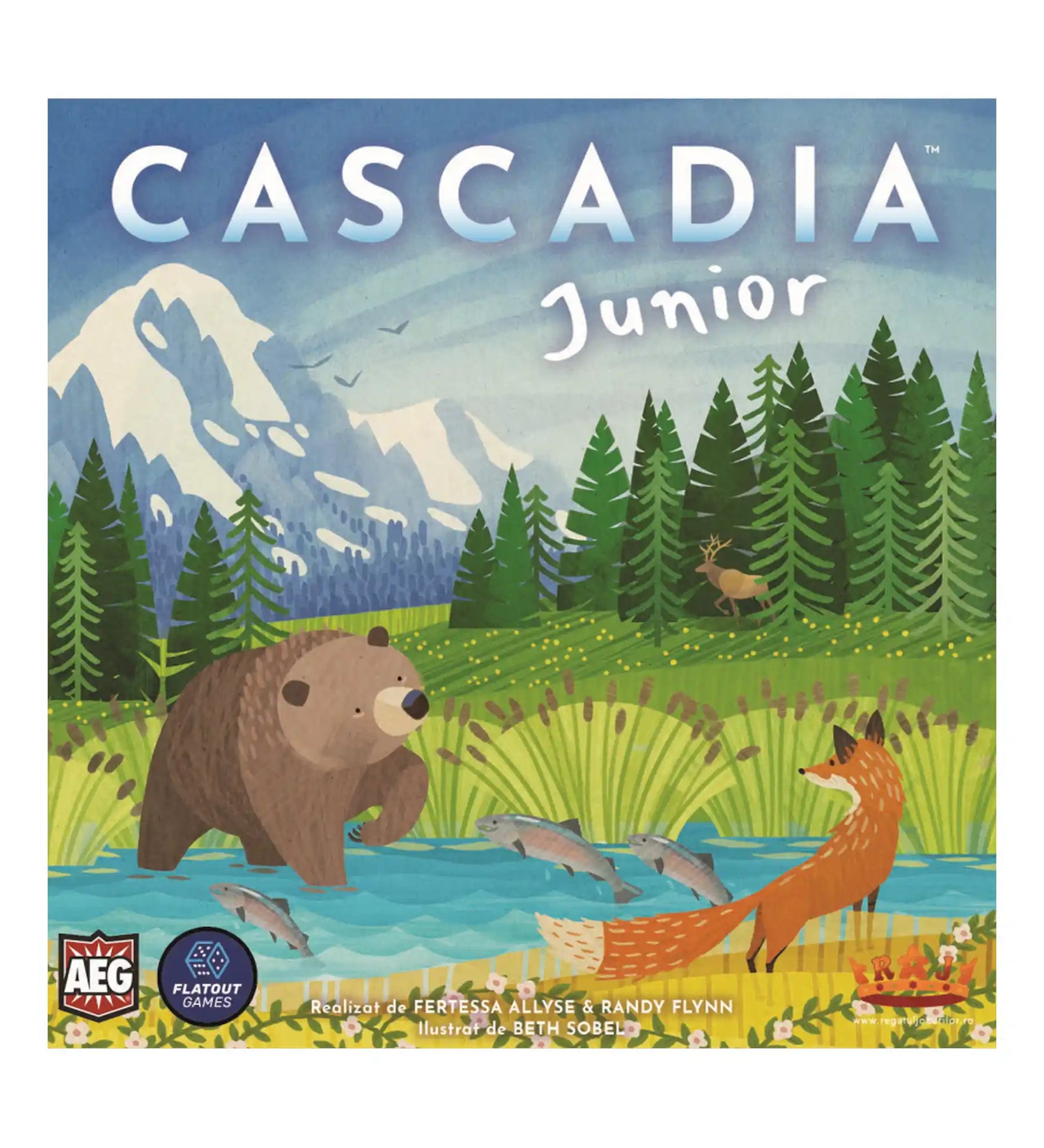 Cascadia Junior román nyelvű társasjáték doboza, erdei állatokkal és hegyvidéki tájjal.