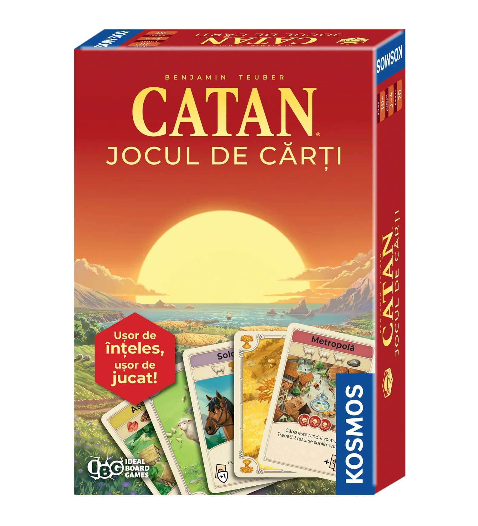 CATAN – A kártyajáték doboza, piros dobozdesignnal, naplementés Catan tájjal és játékkártyákkal az előtérben