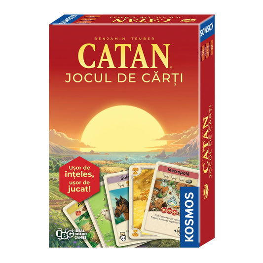 CATAN – A kártyajáték doboza, piros dobozdesignnal, naplementés Catan tájjal és játékkártyákkal az előtérben