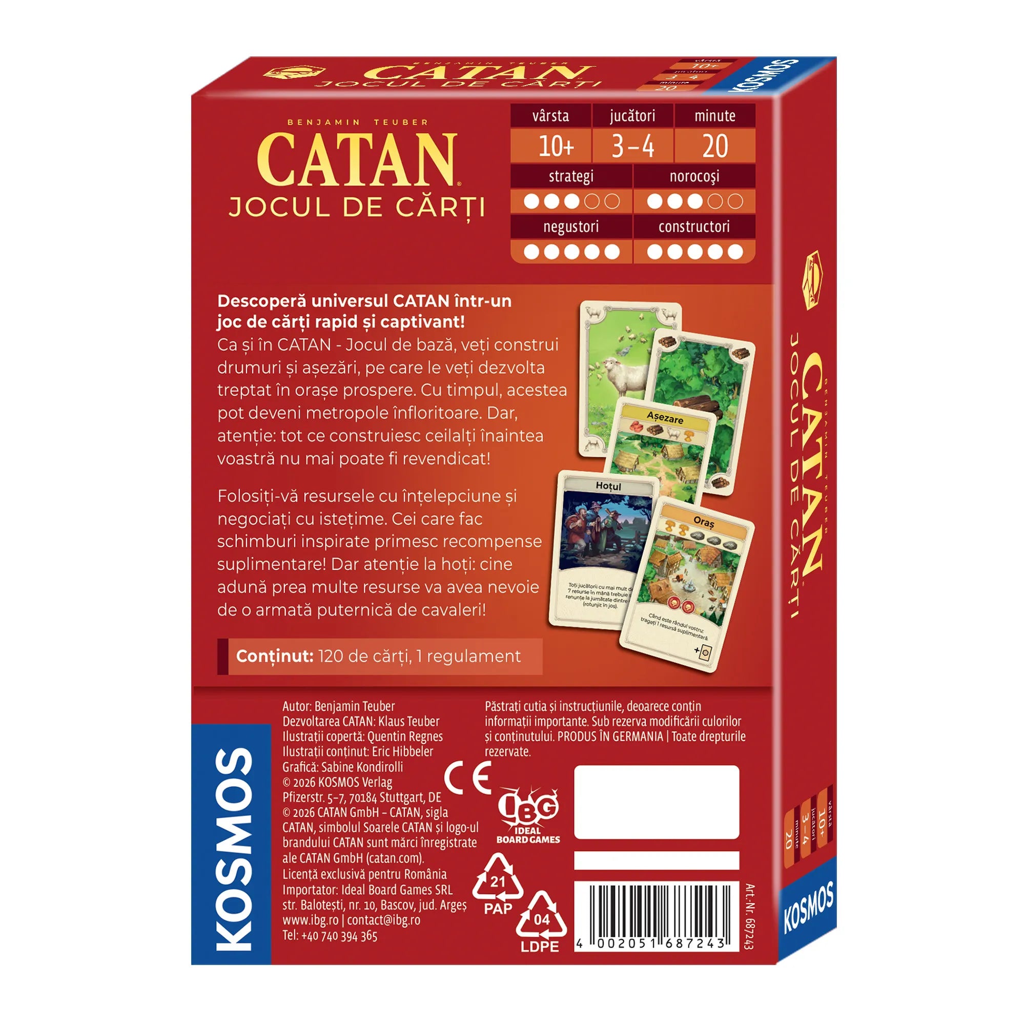 CATAN A kártyajáték dobozának hátoldala, játékleírással, ikonokkal, korosztály és játékidő információkkal