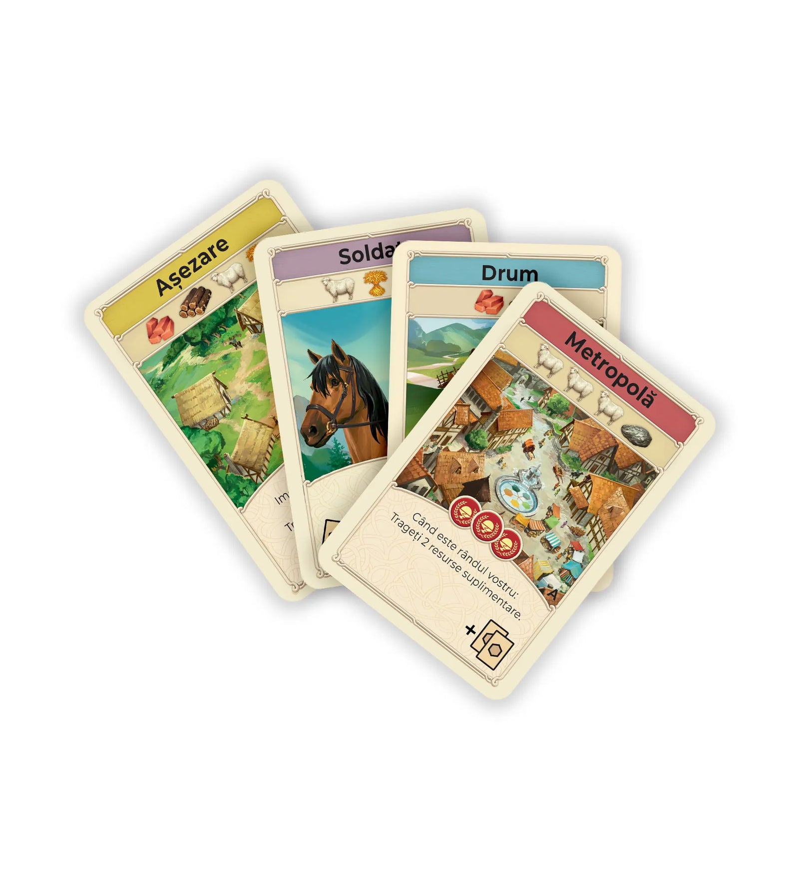 CATAN  A kártyajáték társasjáték kártyái közelről, a Település, Katona, Út és Metropolisz lapok illusztrációival