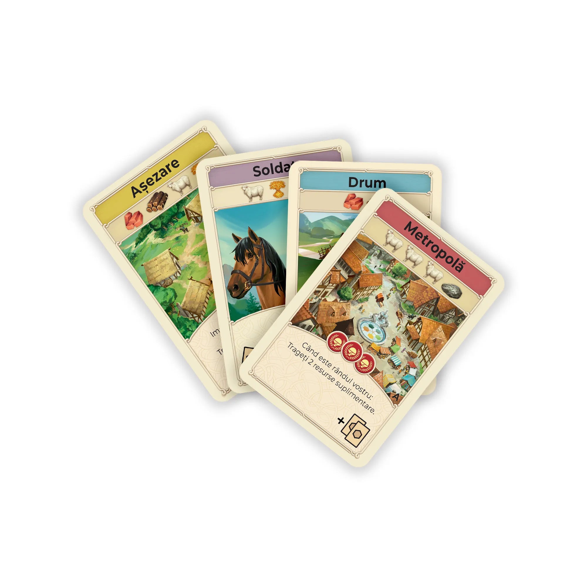 CATAN  A kártyajáték társasjáték kártyái közelről, a Település, Katona, Út és Metropolisz lapok illusztrációival