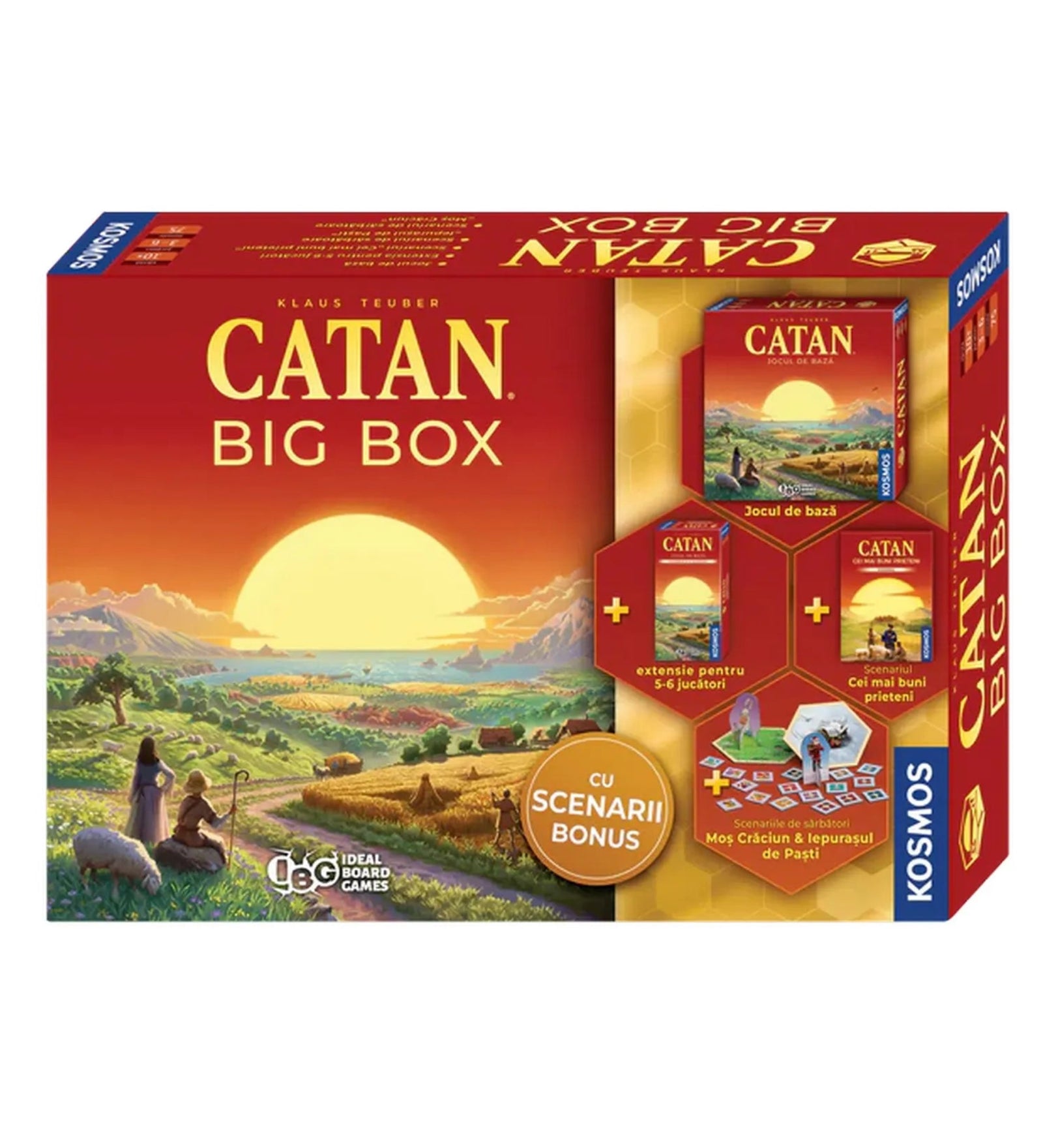 A Catan Big Box társasjáték doboza, amely tartalmazza az alapjátékot, a 5–6 fős kiegészítőt és bónusz forgatókönyveket. A naplementés Catan táj látványa dominál a csomagoláson.