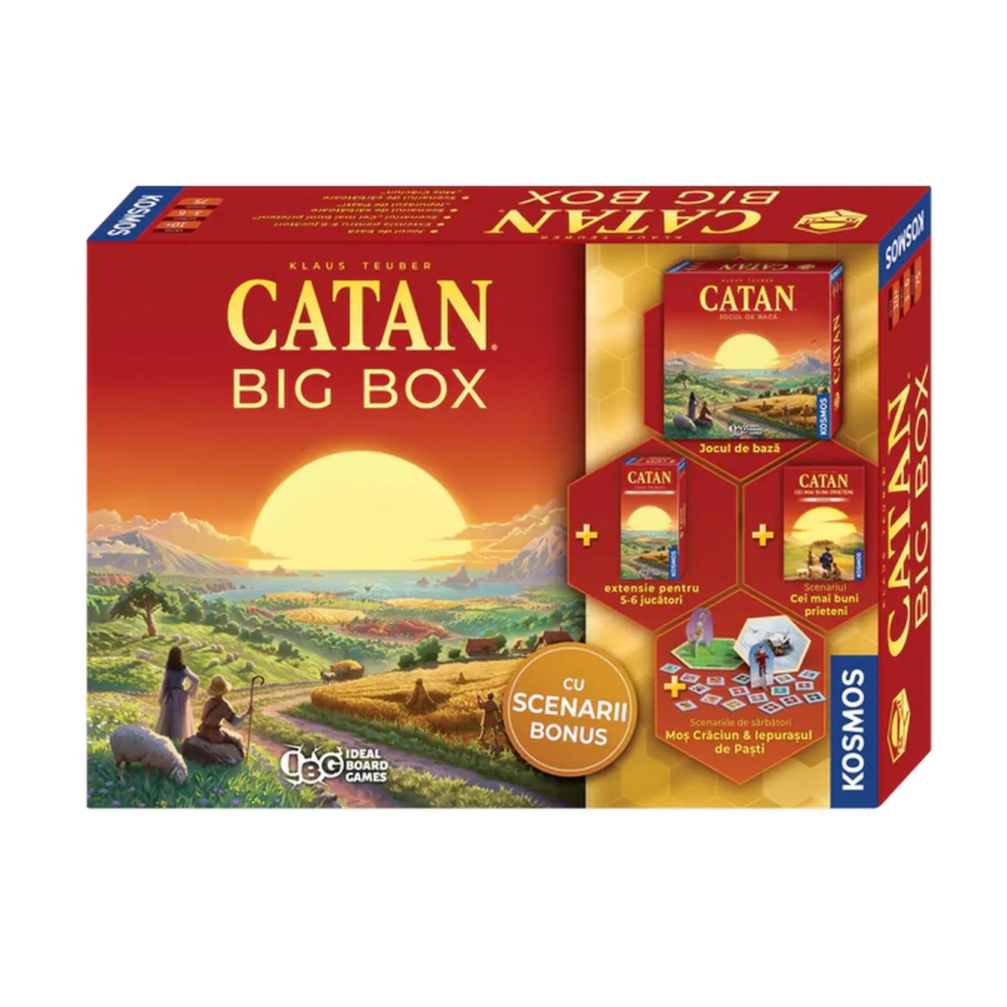 A Catan Big Box társasjáték doboza, amely tartalmazza az alapjátékot, a 5–6 fős kiegészítőt és bónusz forgatókönyveket. A naplementés Catan táj látványa dominál a csomagoláson.