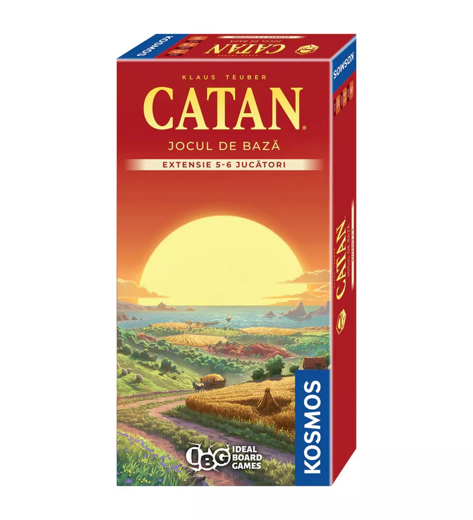 Catan (extensia 5–6 jucători) román nyelvű kiegészítő 2025-ös kiadás doboza. A borítón naplementés tájkép, aranyló mezők és hegyek láthatók, KOSMOS logóval.