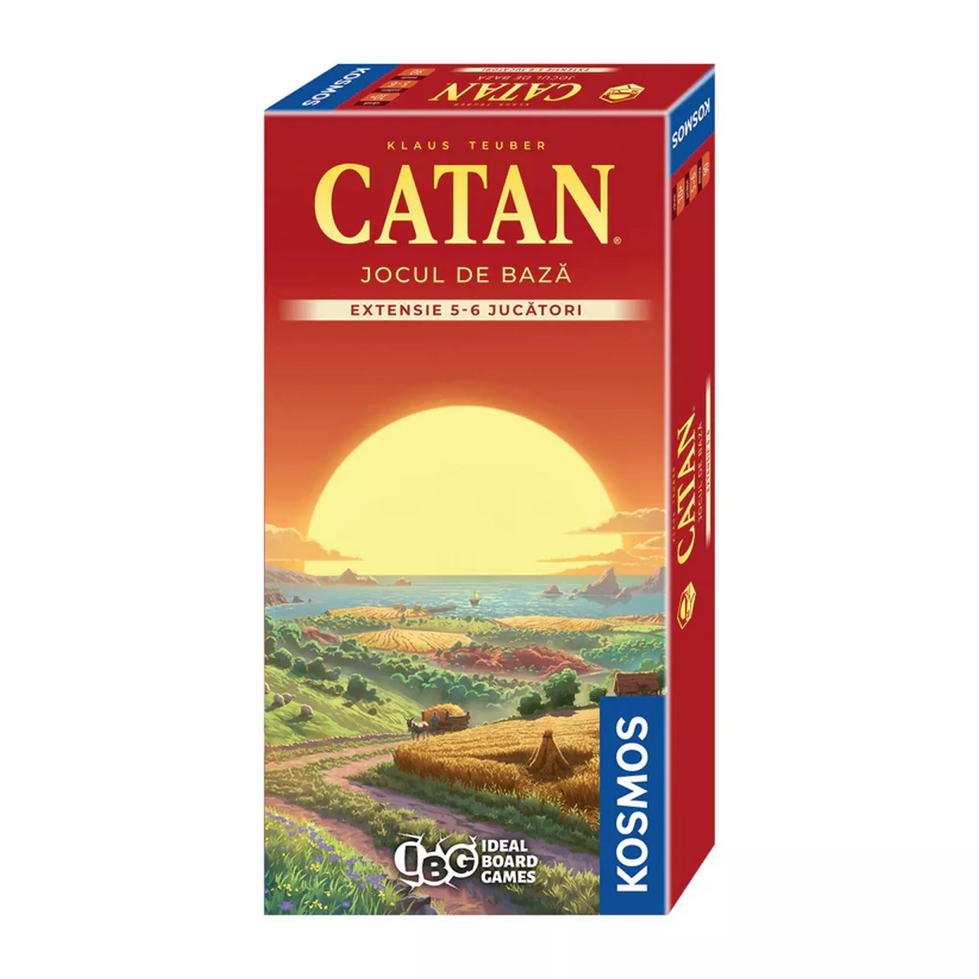 Catan (extensia 5–6 jucători) román nyelvű kiegészítő 2025-ös kiadás doboza. A borítón naplementés tájkép, aranyló mezők és hegyek láthatók, KOSMOS logóval.