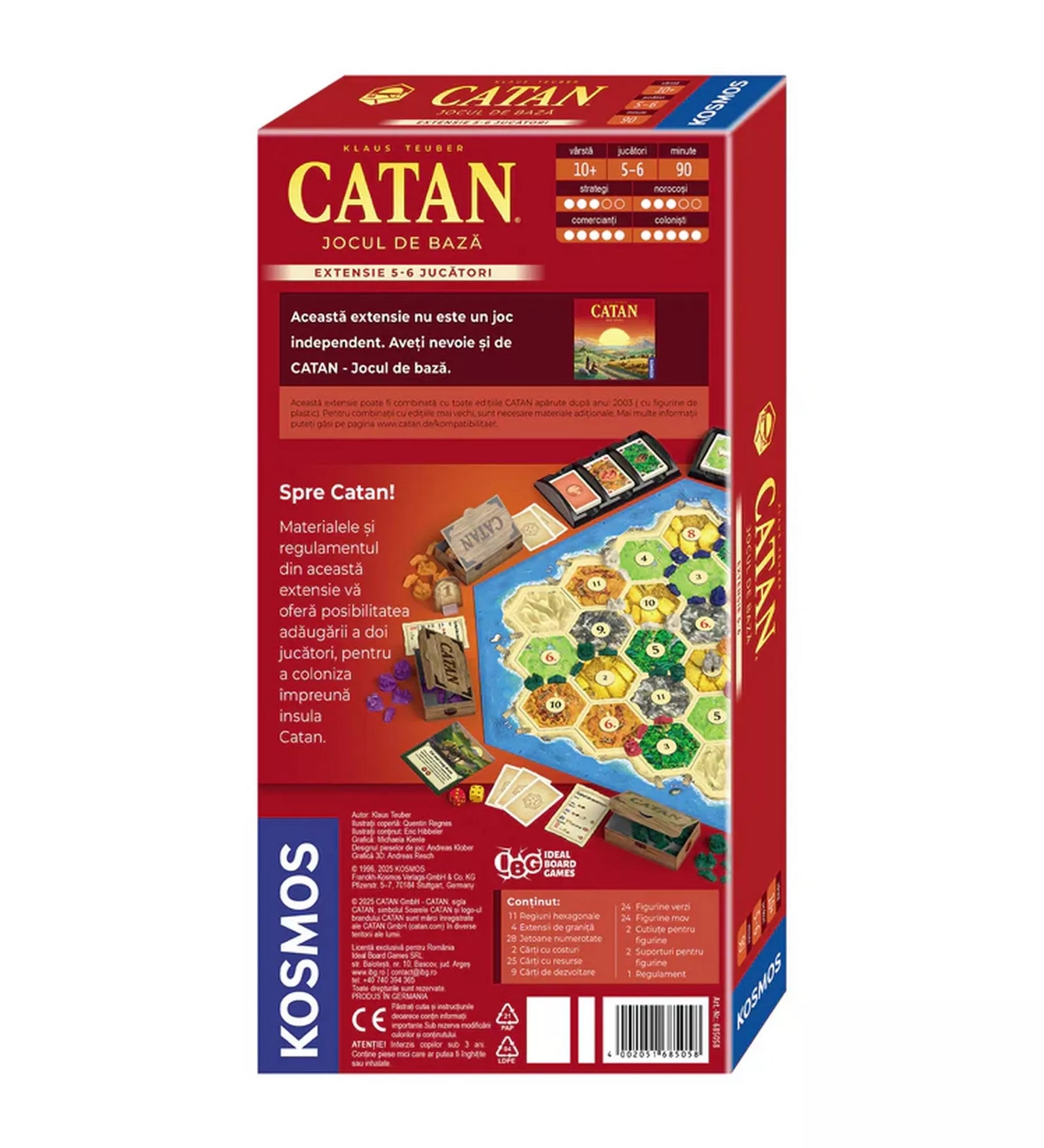 Catan (extensia 5–6 jucători) román nyelvű kiegészítő 2025 doboz hátoldala, részletes leírással, játéktábla képpel és komponensek listájával. A kép bemutatja a Catan sziget játéktáblát, kártyákat és figurákat.