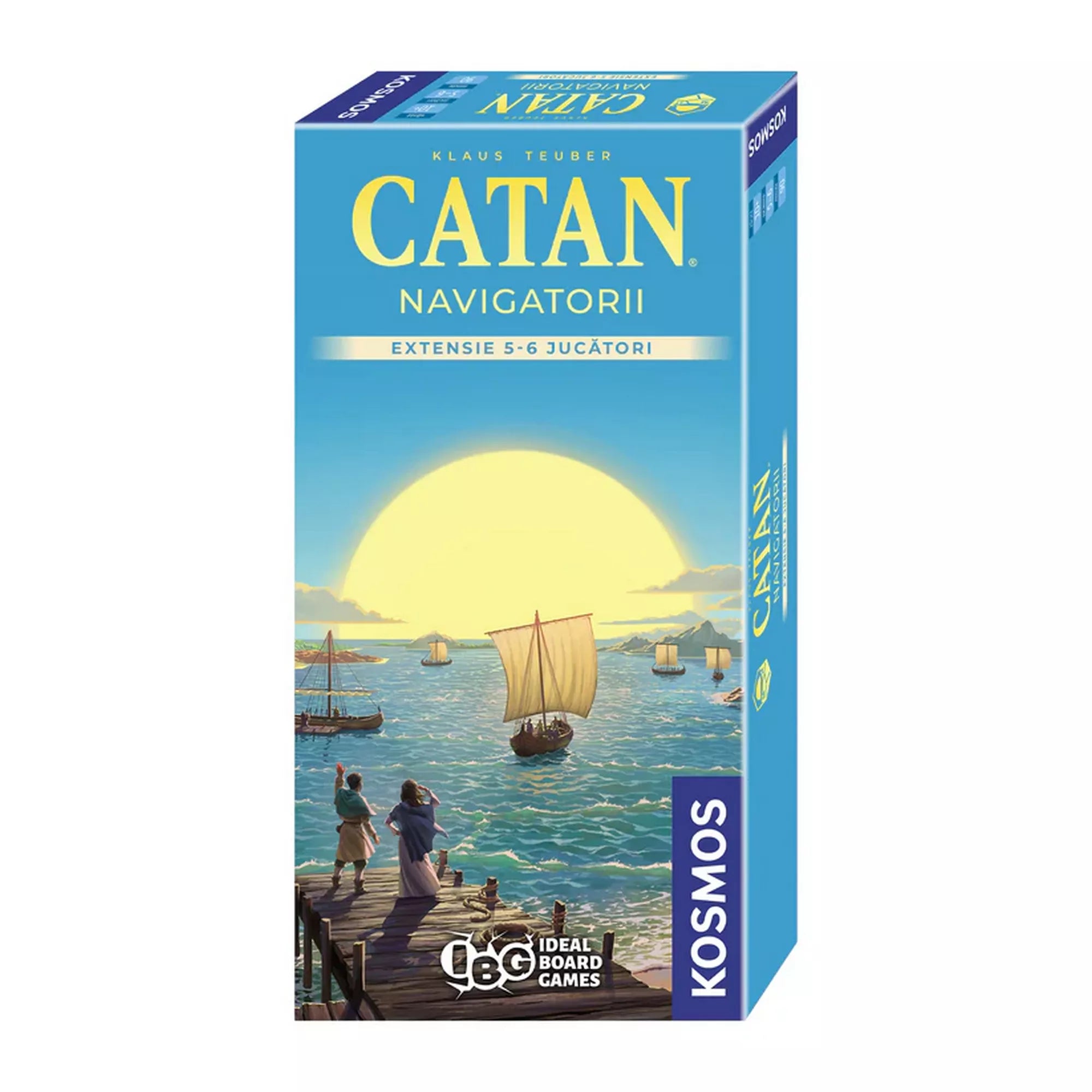 Catan: Navigatorii – 5–6 jucători kiegészítő 2025 román nyelvű doboz. A borítón naplementés tengeri jelenet látható hajókkal és telepesekkel a parton.