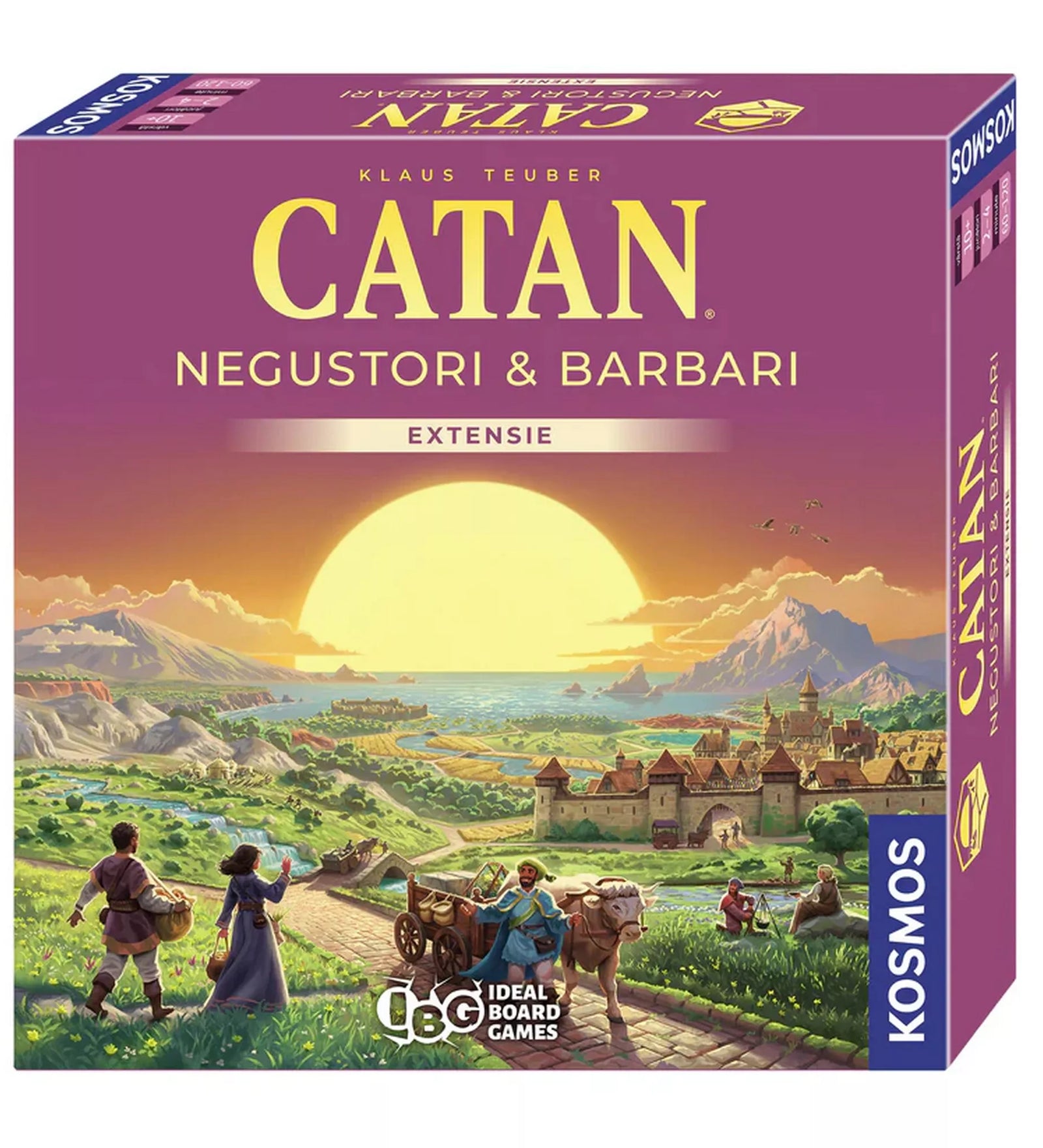 A Catan: Negustori și barbari kiegészítő doboza, naplementés tájjal, úton haladó karavánokkal és középkori várossal a háttérben. A borítón a Catan logó és a Kosmos kiadó emblémája látható.