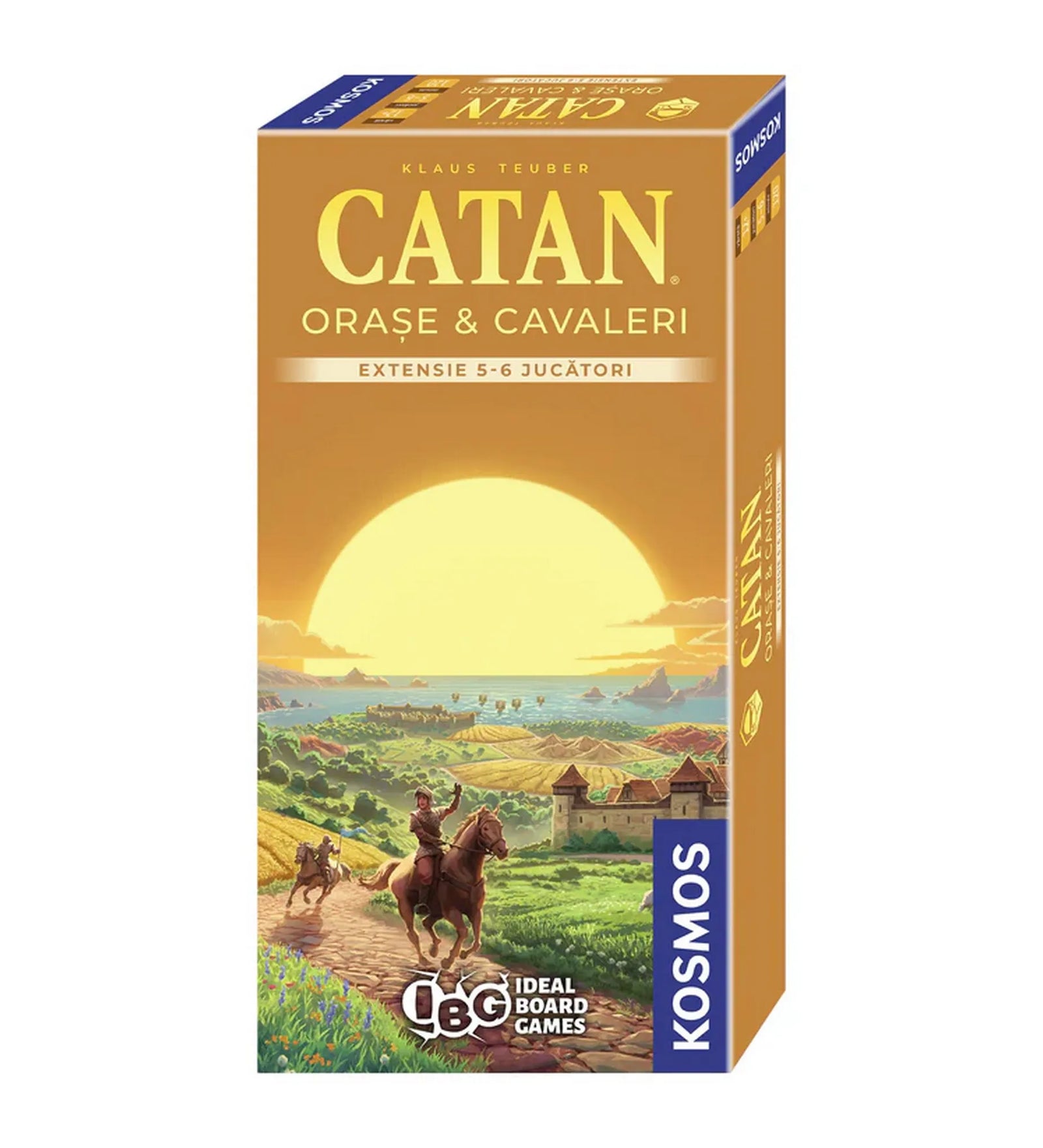 A Catan: Orase & Cavaleri – Extensie 5-6 jucători társasjáték dobozának előlapja, naplementés tájjal, lovas figurákkal és középkori várossal, aranybarna háttérben a KOSMOS logóval.
