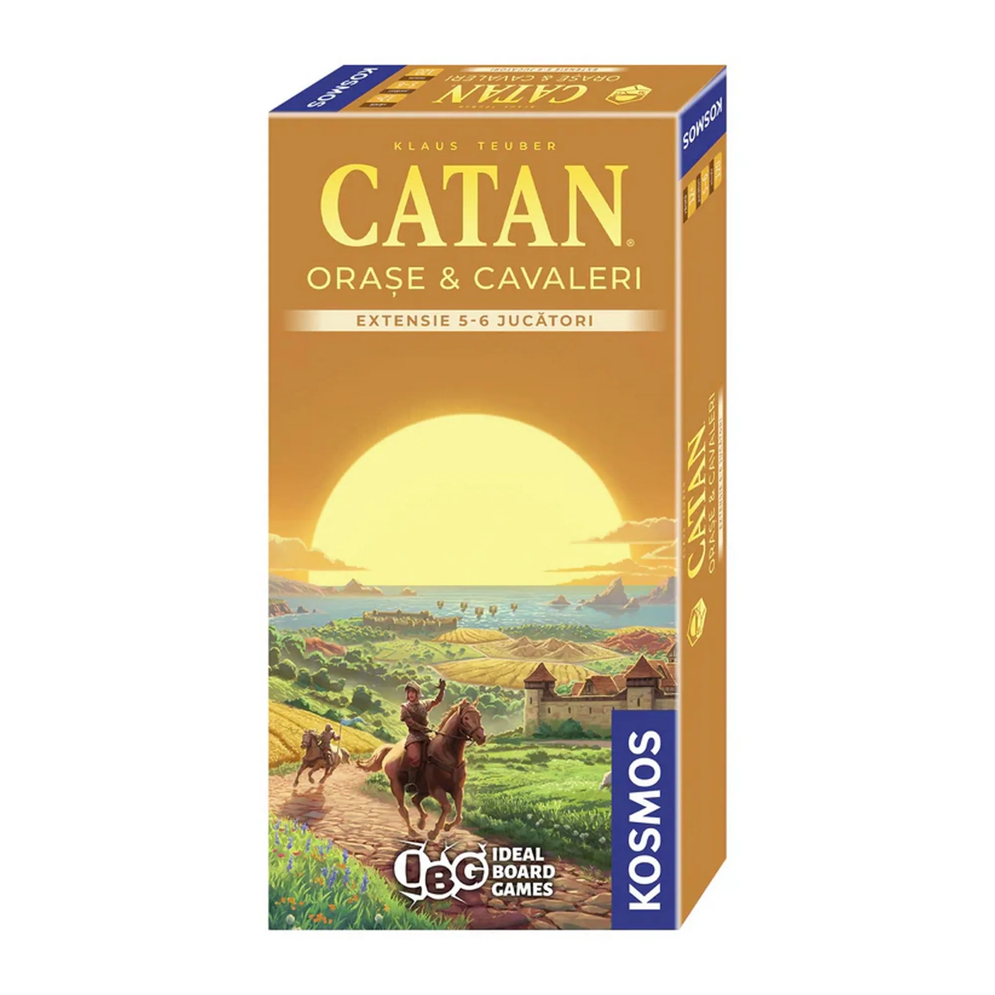 A Catan: Orase & Cavaleri – Extensie 5-6 jucători társasjáték dobozának előlapja, naplementés tájjal, lovas figurákkal és középkori várossal, aranybarna háttérben a KOSMOS logóval.