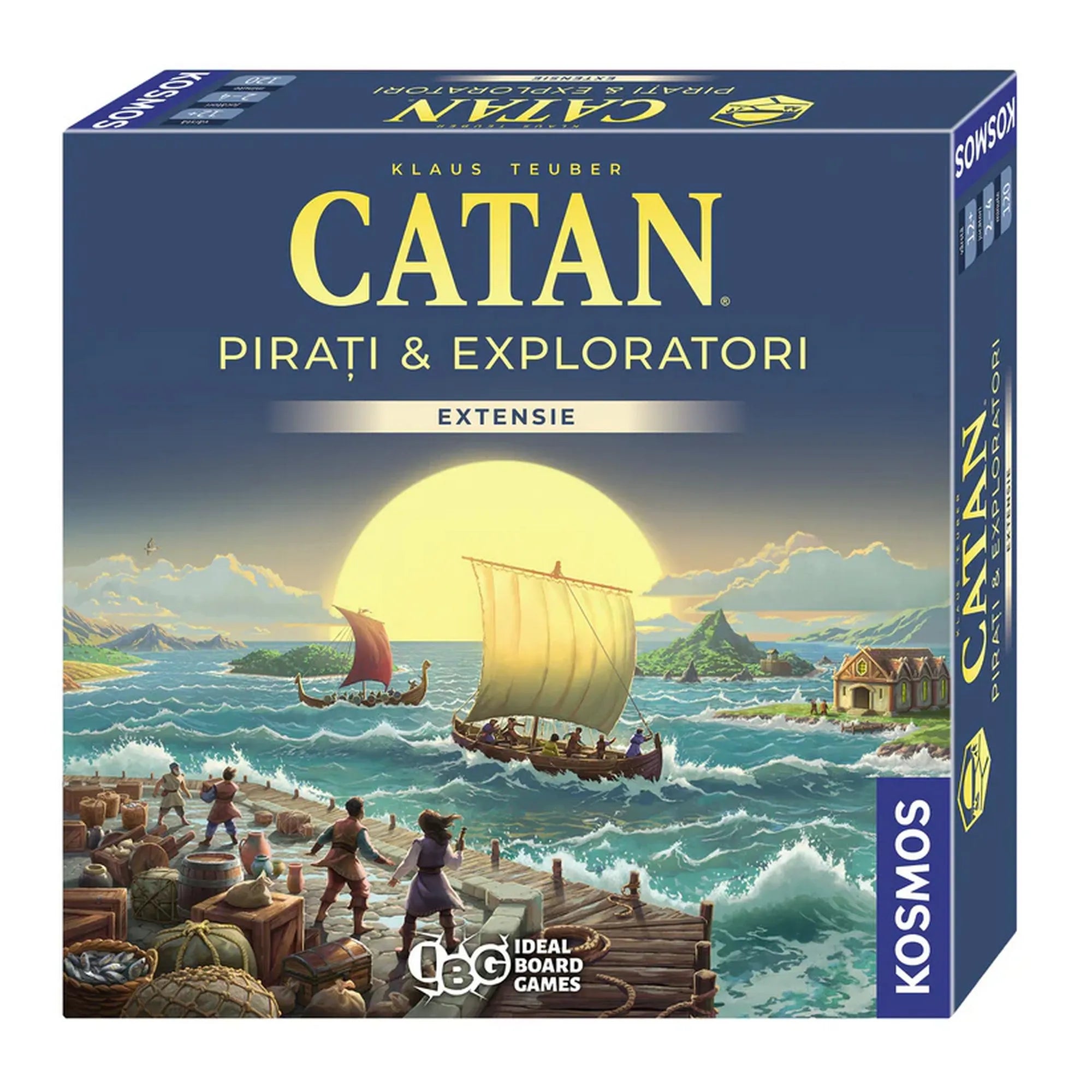 A CATAN: Kalózok és felfedezők társasjáték doboza, amelyen naplementében hajózó felfedezők láthatók a tenger hullámain.