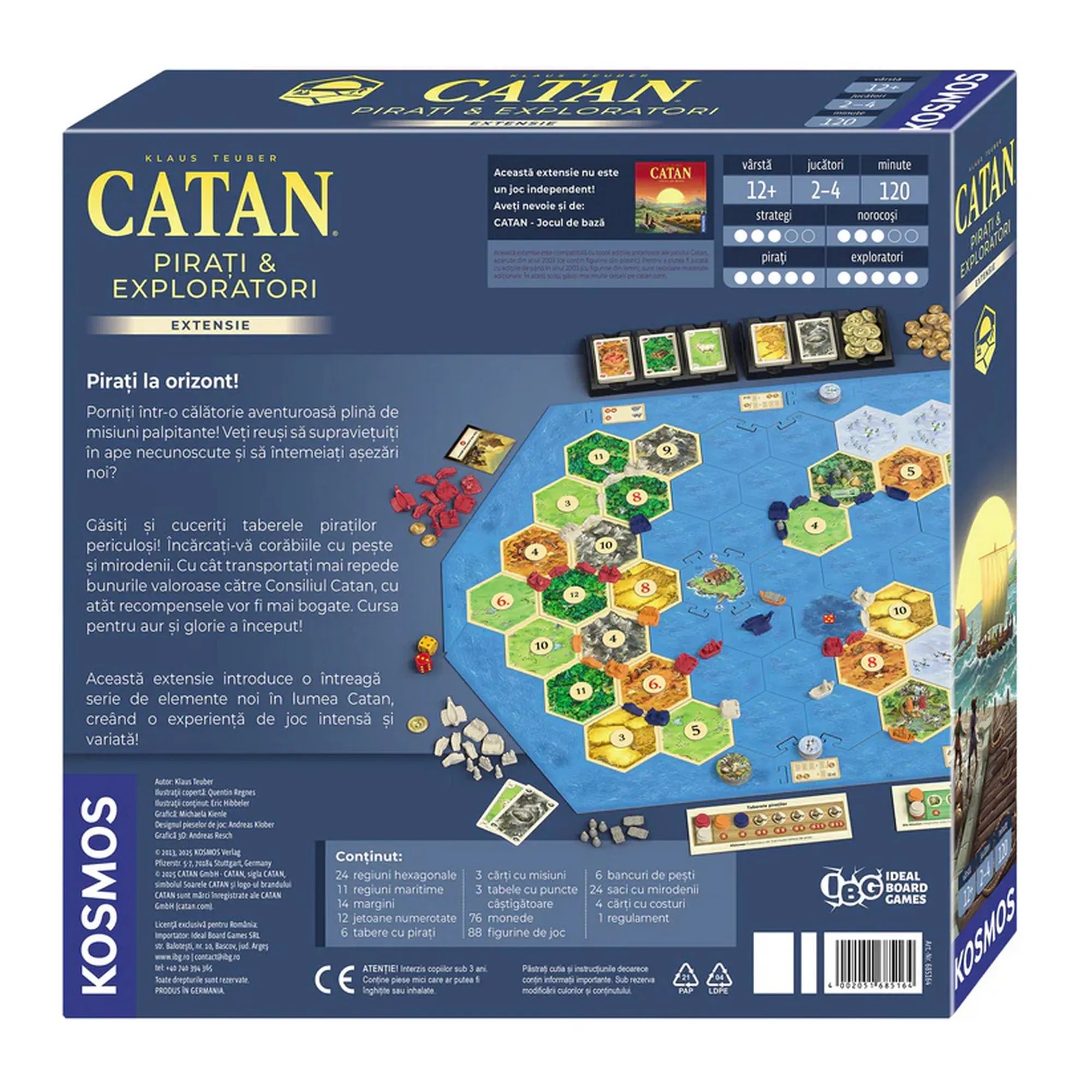A CATAN: Kalózok és felfedezők társasjáték dobozának hátoldala, részletes leírással, játéktáblával és a tartozékok bemutatásával.