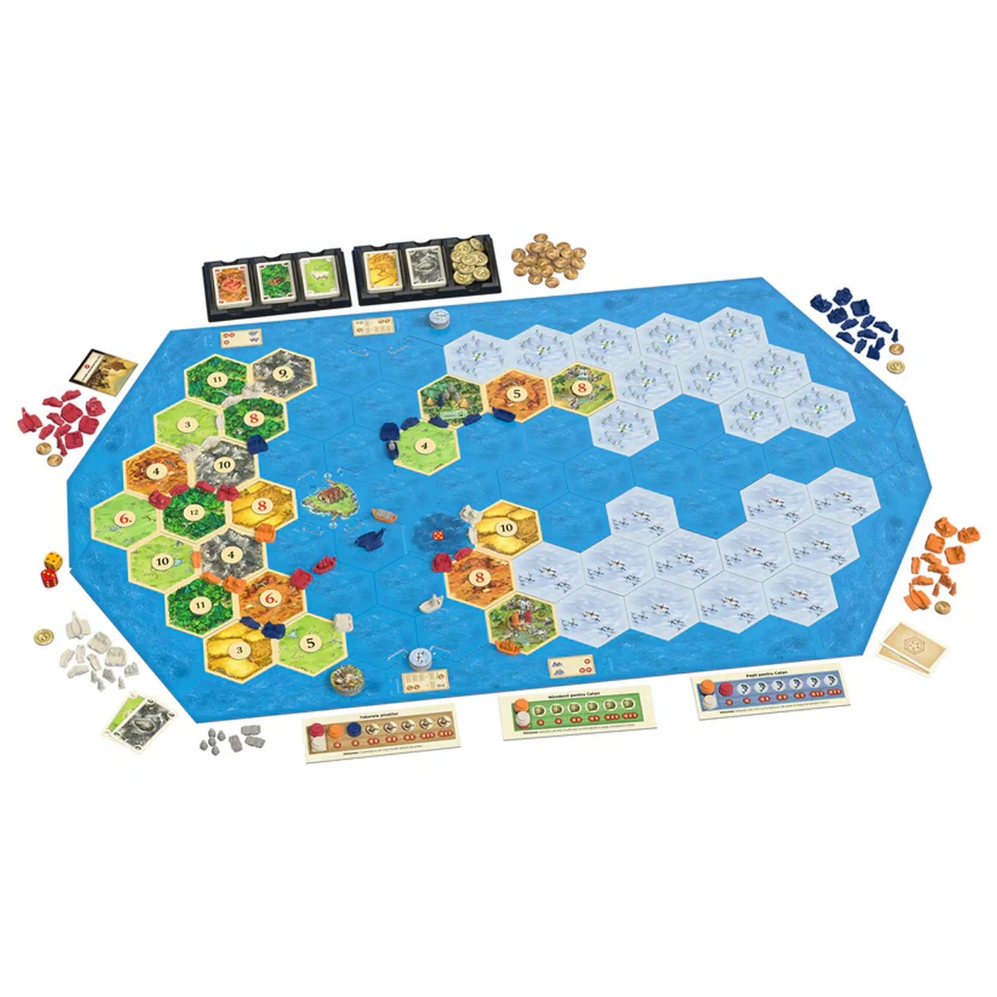 A CATAN: Kalózok és felfedezők társasjáték teljes, felállított játéktáblája, színes hatszög mezőkkel, figurákkal és kártyákkal.