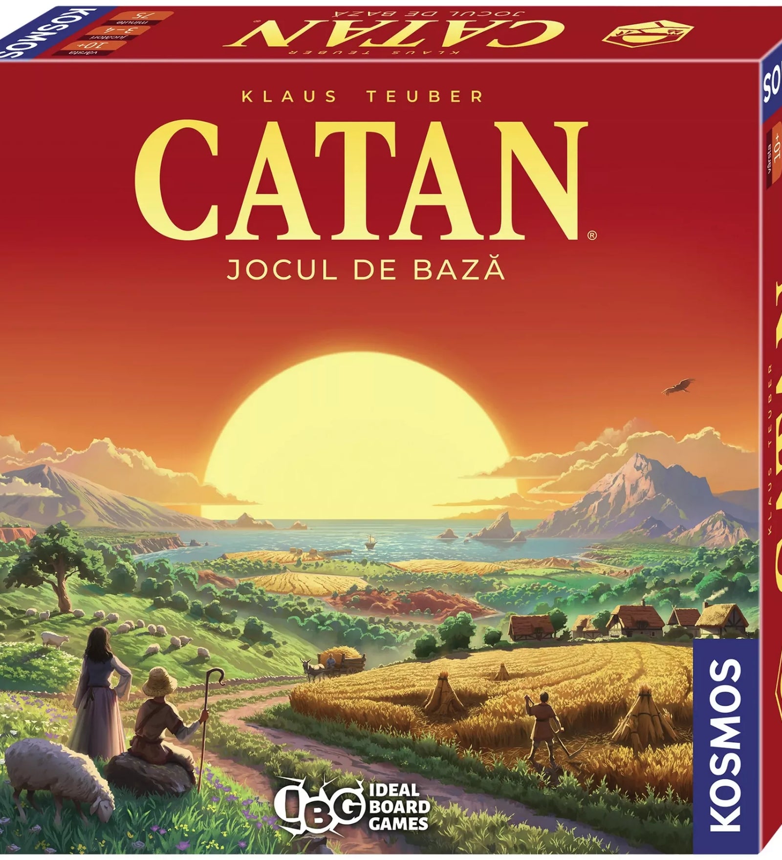 A Catan telepesei Új 2025-ös román nyelvű kiadásának doboza. A borítón naplementés táj látható, mezőkkel, hegyekkel és telepesekkel, KOSMOS logóval.