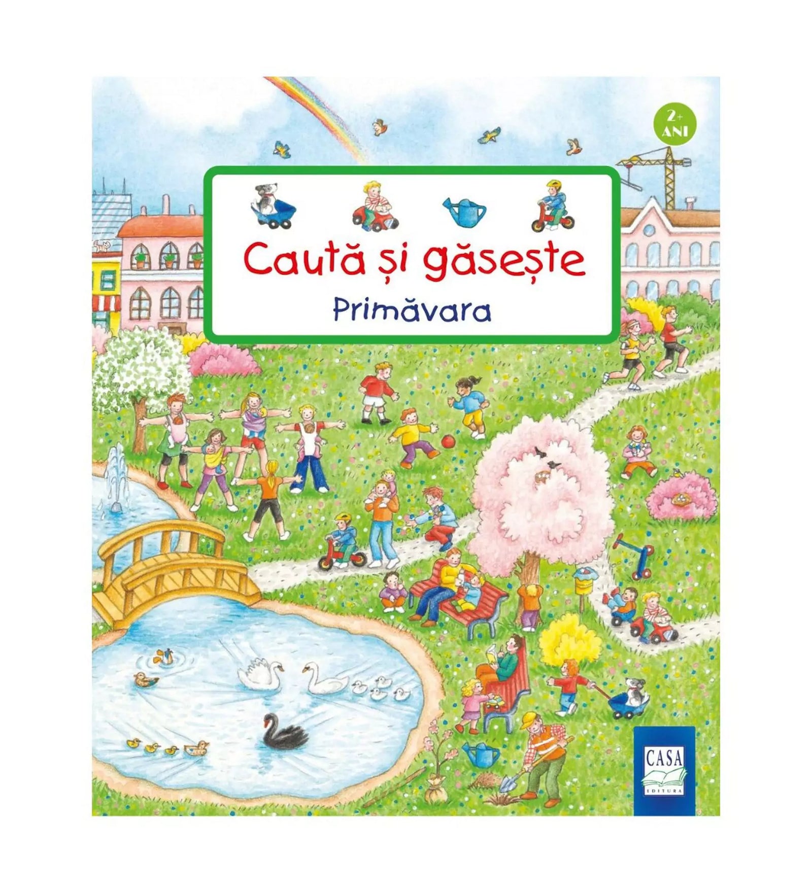 „Caută și găsește, Primăvara” román nyelvű gyerekkönyv borítója, tavaszi parkjelenettel, gyerekekkel, tóval és szivárvánnyal.