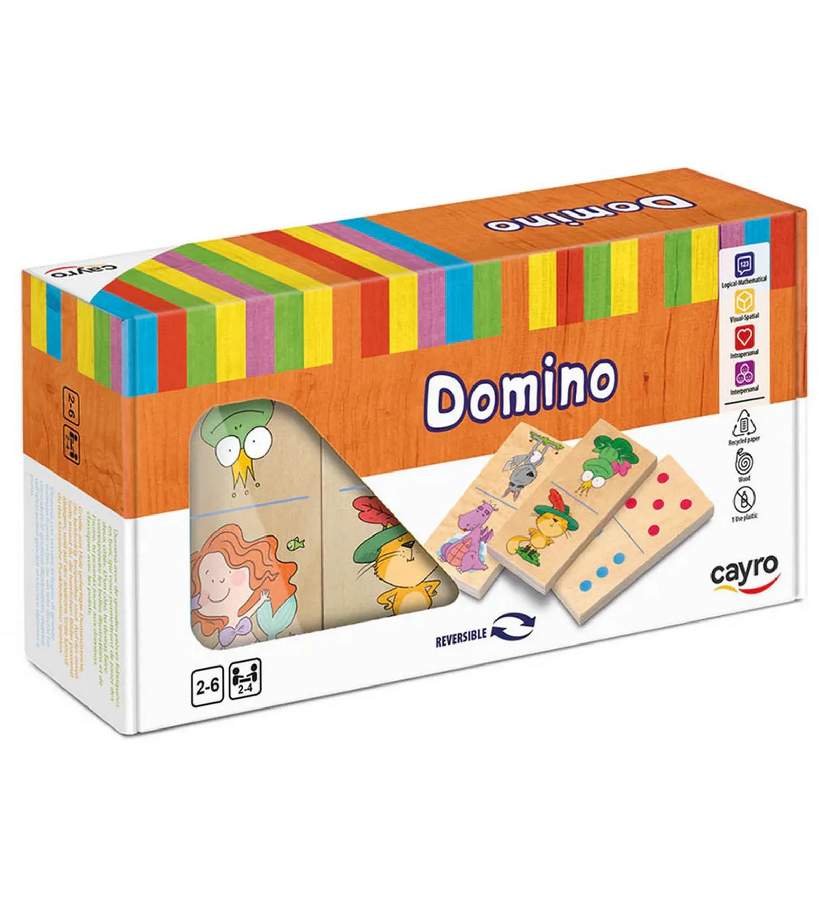 Cayro Domino Kids XL gyerek dominó játék doboza színes csíkos dizájnnal, fa dominó lapokkal és aranyos állatos illusztrációkkal a csomagoláson.