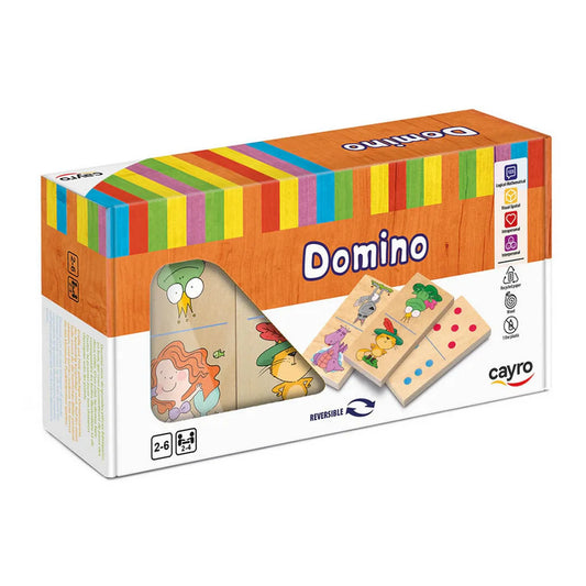 Cayro Domino Kids XL gyerek dominó játék doboza színes csíkos dizájnnal, fa dominó lapokkal és aranyos állatos illusztrációkkal a csomagoláson.
