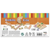 Cayro Domino Kids XL gyerek dominó játék hátoldali dobozképe, dominó lapokkal, játékelrendezéssel és termékinformációkkal.