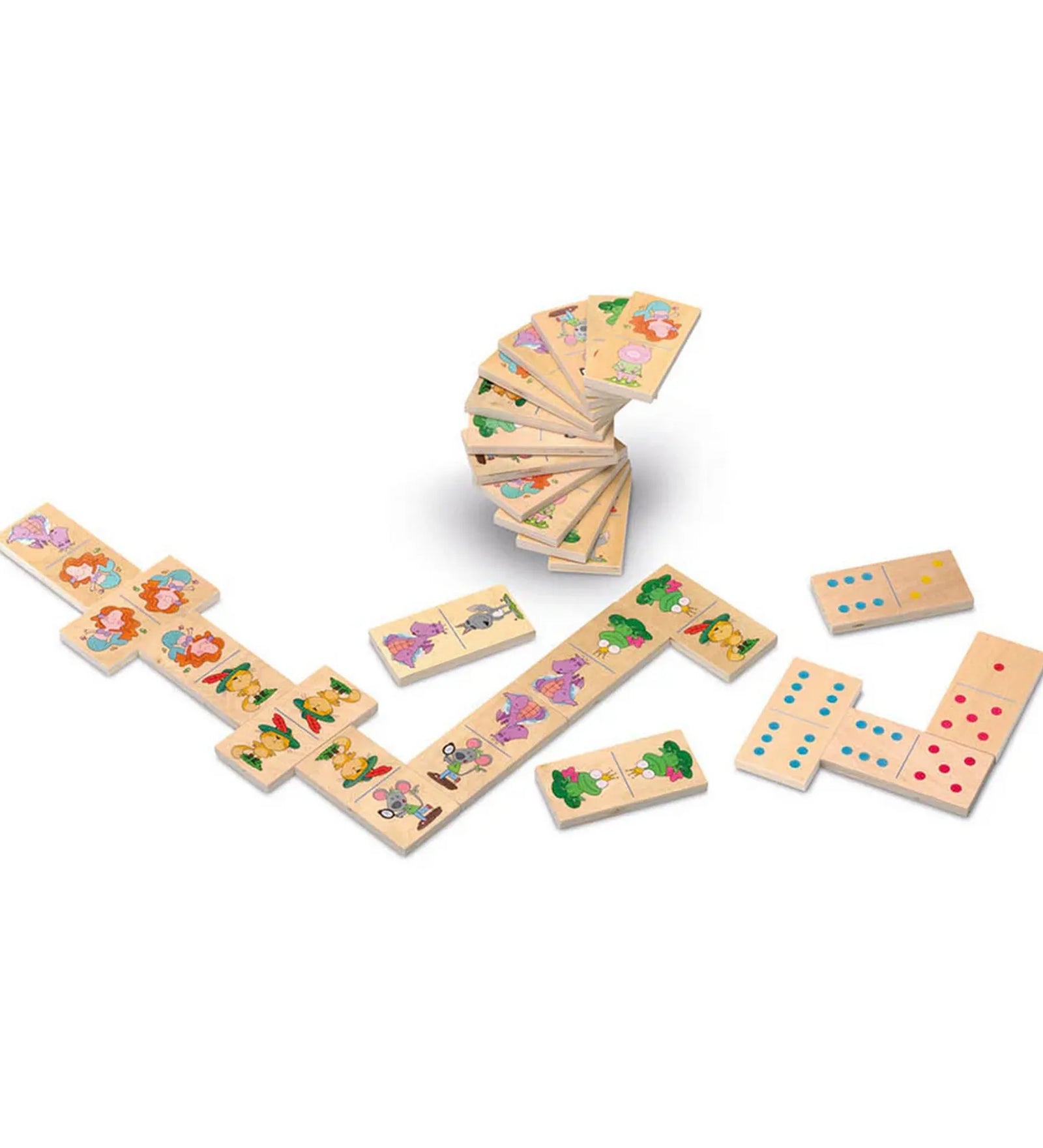 Cayro Domino Kids XL dominó játék elrendezett fa lapokkal, karakteres illusztrációkkal és klasszikus pontozású dominó elemekkel.