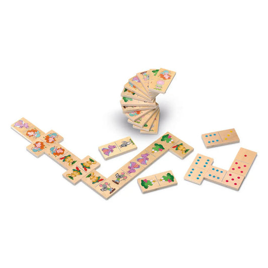 Cayro Domino Kids XL dominó játék elrendezett fa lapokkal, karakteres illusztrációkkal és klasszikus pontozású dominó elemekkel.