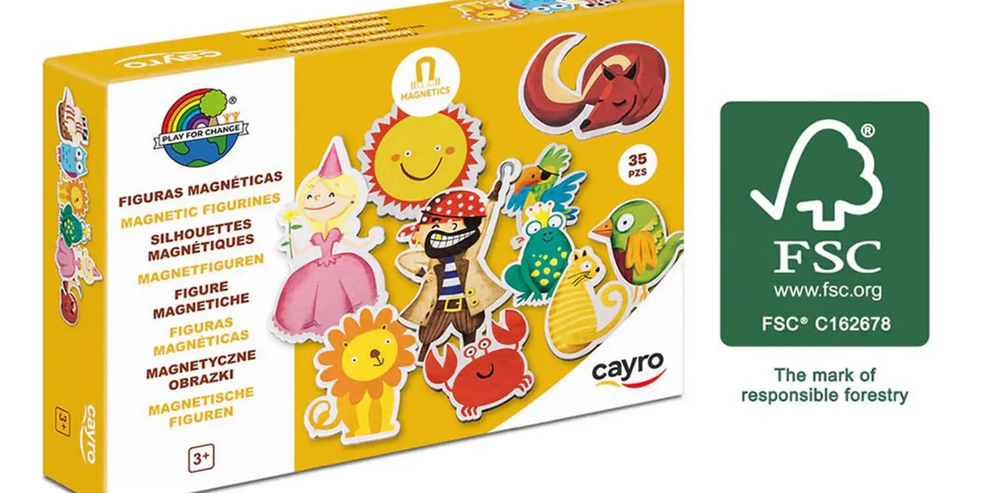 Cayro mágneses figurák 35 darabos készlet doboza, színes karakterekkel és FSC jelöléssel, kreatív gyerekjáték