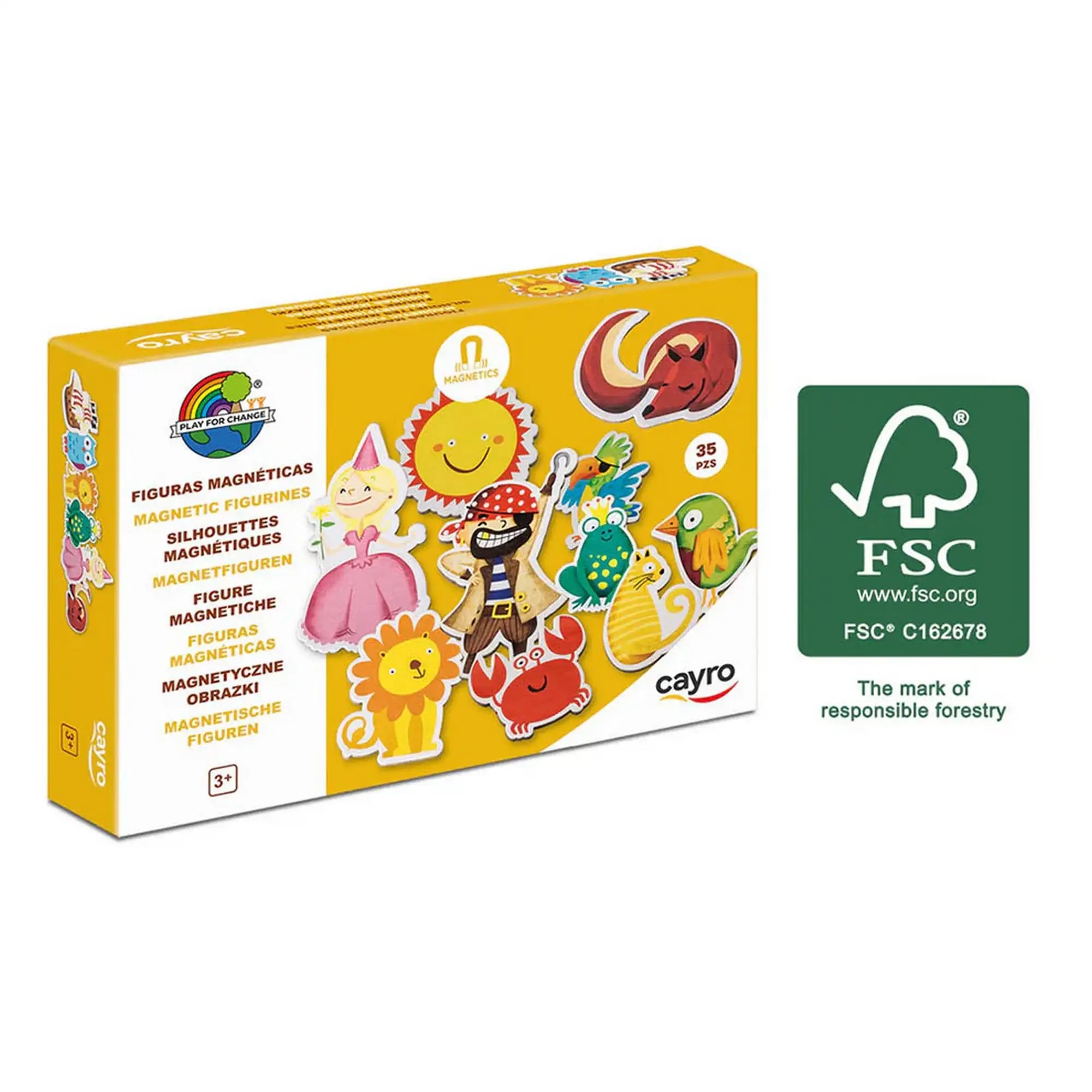 Cayro mágneses figurák 35 darabos készlet doboza, színes karakterekkel és FSC jelöléssel, kreatív gyerekjáték