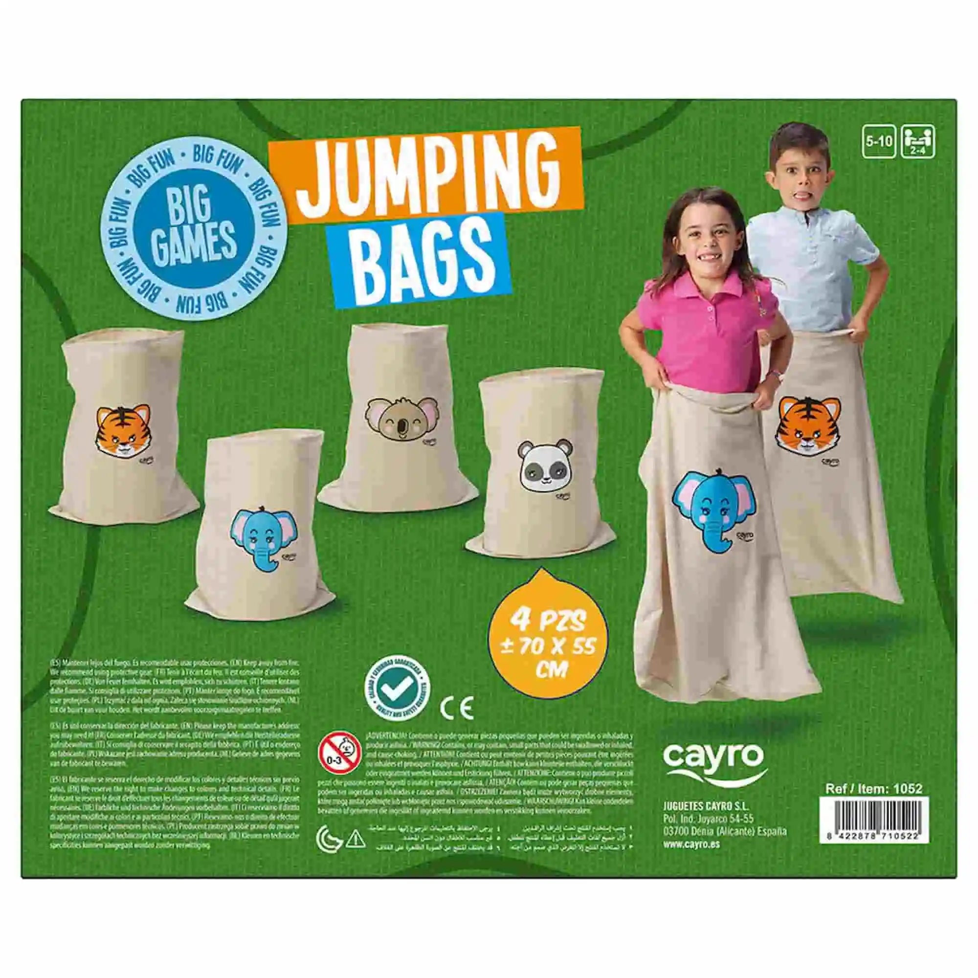 Cayro, Ugrózsákok, 4 darab zsákkal – a doboz hátoldala, rajta a négy állatmintás ugrózsák és két ugráló gyerek.