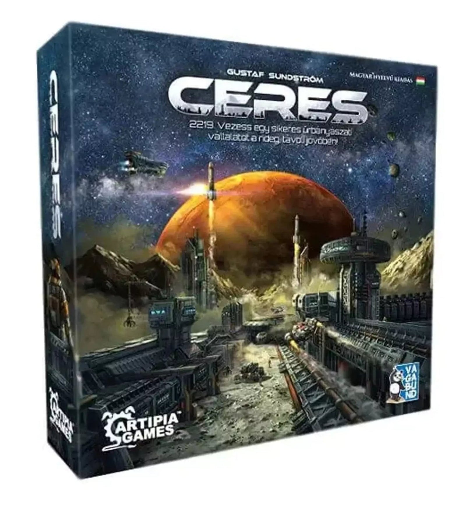 A Ceres társasjáték doboza látványos sci-fi illusztrációval, űrbázissal, a Mars felszínére emlékeztető bolygóval és futurisztikus logóval.