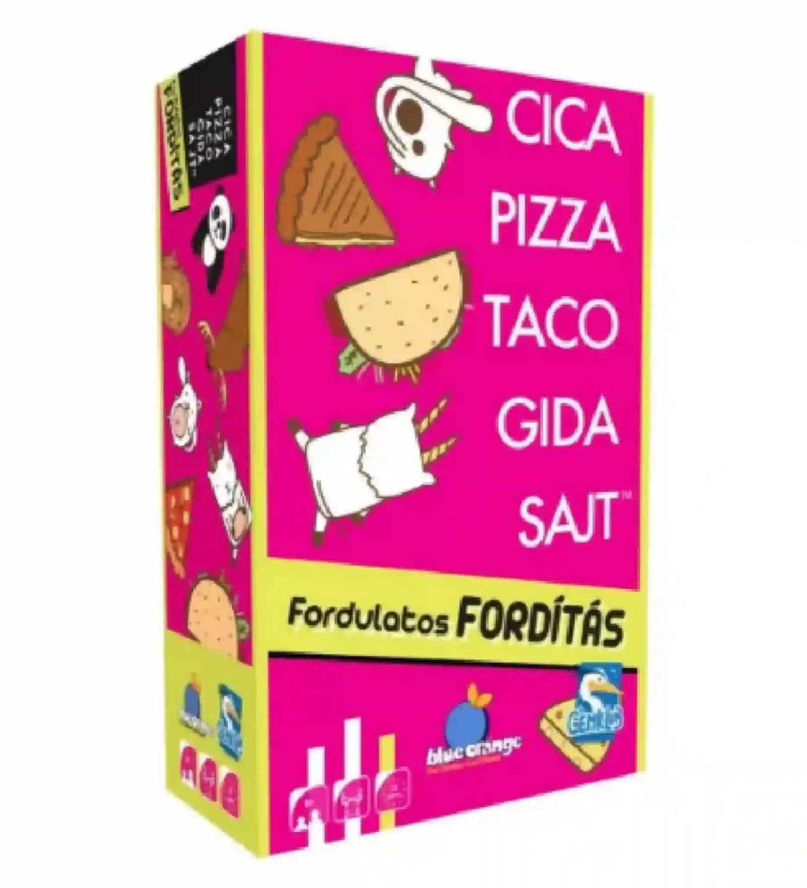 Cica, pizza, taco, gida, sajt – Fordulatos fordítás magyar nyelvű társasjáték doboza, élénk rózsaszín borítóval, a játék nevével és vidám állat- valamint ételillusztrációkkal.