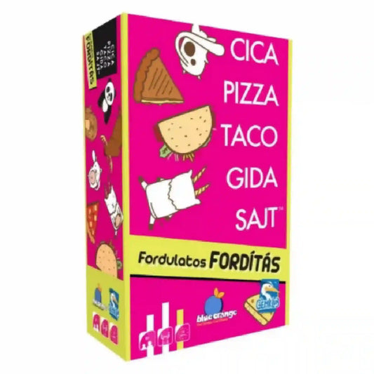 Cica, pizza, taco, gida, sajt – Fordulatos fordítás magyar nyelvű társasjáték doboza, élénk rózsaszín borítóval, a játék nevével és vidám állat- valamint ételillusztrációkkal.