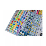 A Civolution színes ponttáblája, amelyen különböző fejlesztési kategóriák, eredmények és jelölők láthatók. A táblán piros, sárga, kék és zöld korongok jelzik a játékosok előrehaladását.