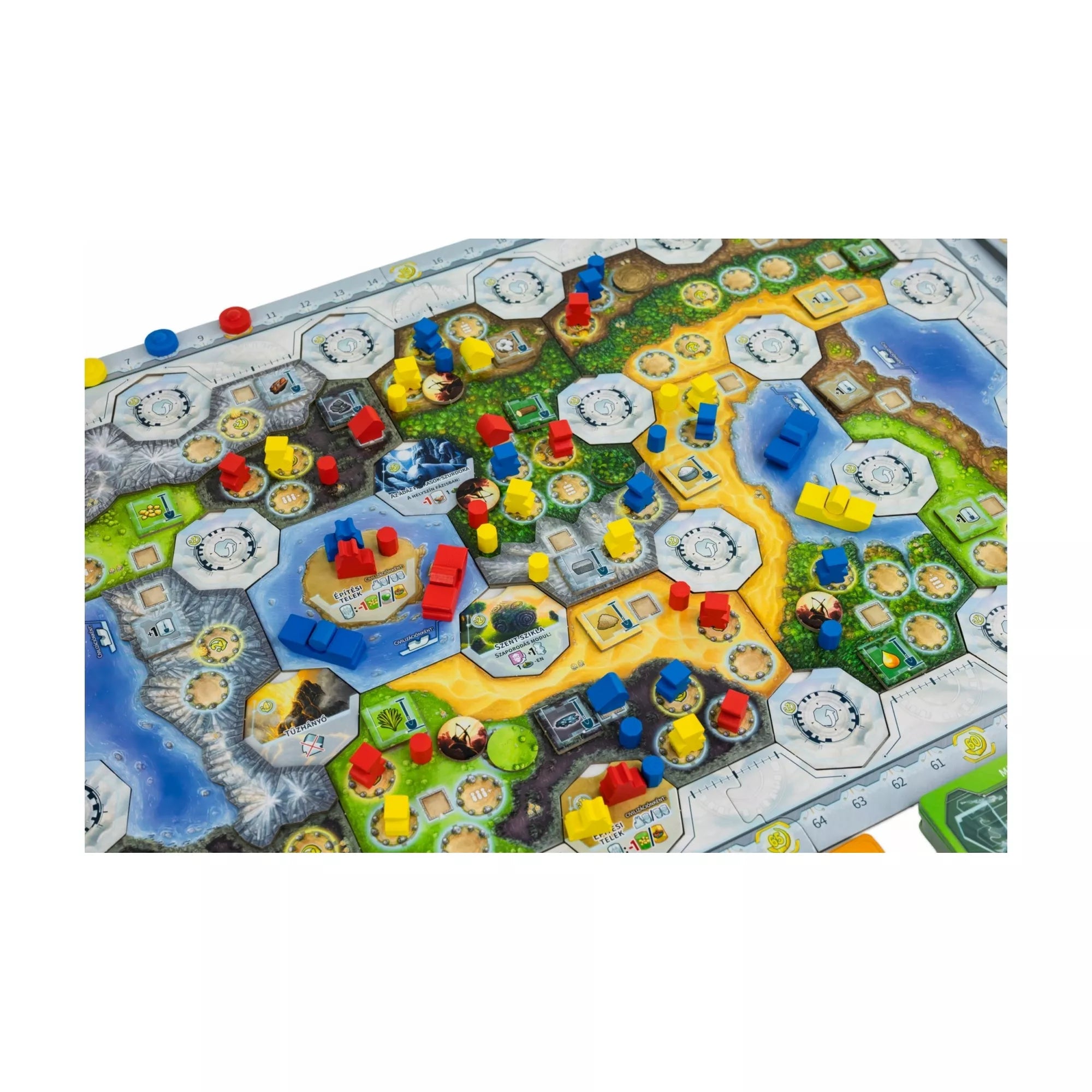 A Civolution moduláris világtérképe játék közben, különböző színű épületekkel, településekkel és figurákkal benépesítve. A tábla színesen ábrázolja a civilizációk fejlődési területeit.