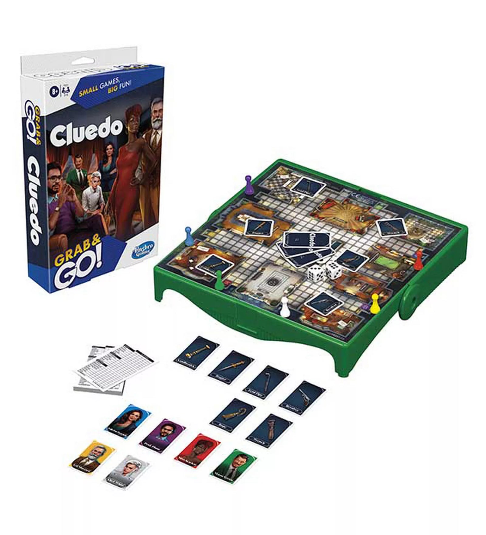 Cluedo Grab and Go társasjáték tartalma, kompakt játéktábla, kártyák, nyomozó jegyzetek és bábuk, utazáshoz ideális kivitel