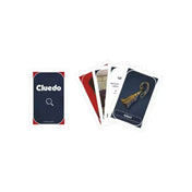 Cluedo társasjáték kártyák, hátoldali pakli és felfedett bizonyítékkártyák részlete.