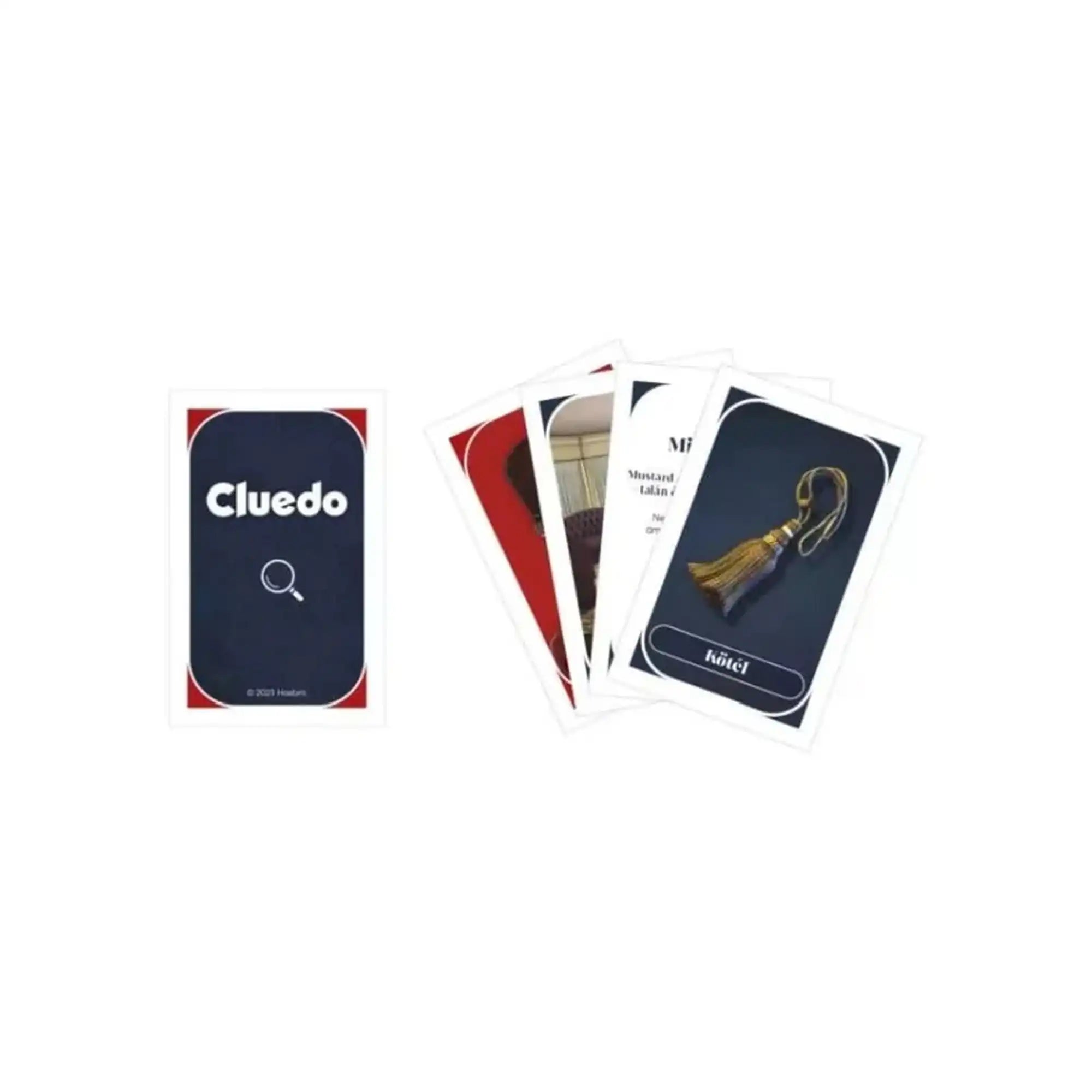 Cluedo társasjáték kártyák, hátoldali pakli és felfedett bizonyítékkártyák részlete.