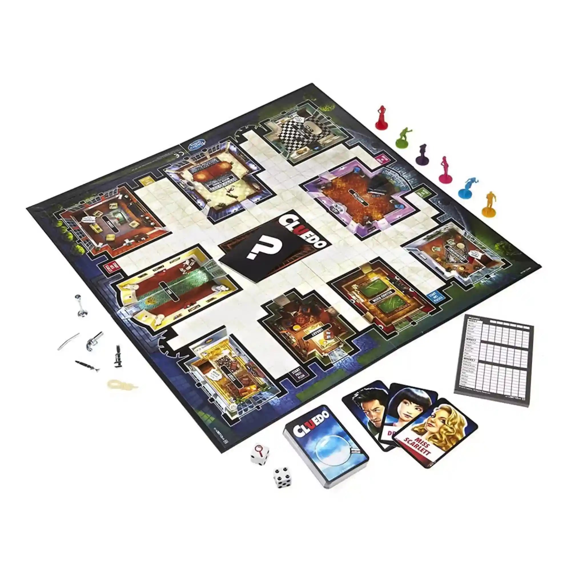 Cluedo társasjáték játéktábla és tartozékok, teljes készlet kártyákkal, dobókockával és jegyzettömbbel.