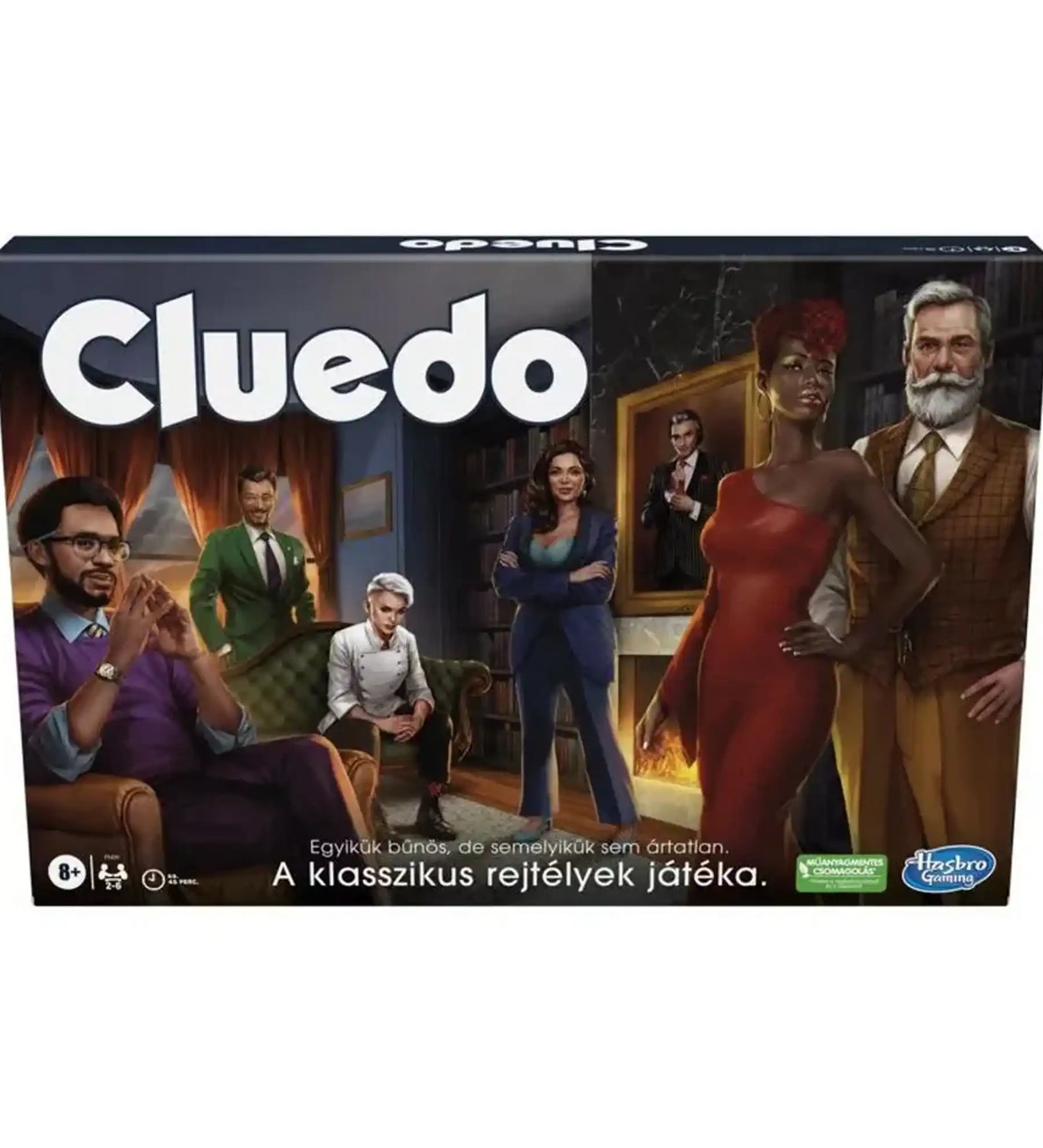 Cluedo társasjáték dobozkép, a klasszikus nyomozós játék szereplőivel és hangulatos illusztrációval.