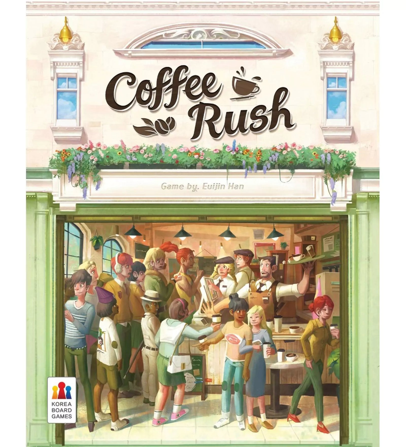  Coffee Rush társasjáték dobozának borítója, amely egy forgalmas kávézót ábrázol tele vendégekkel és baristákkal.