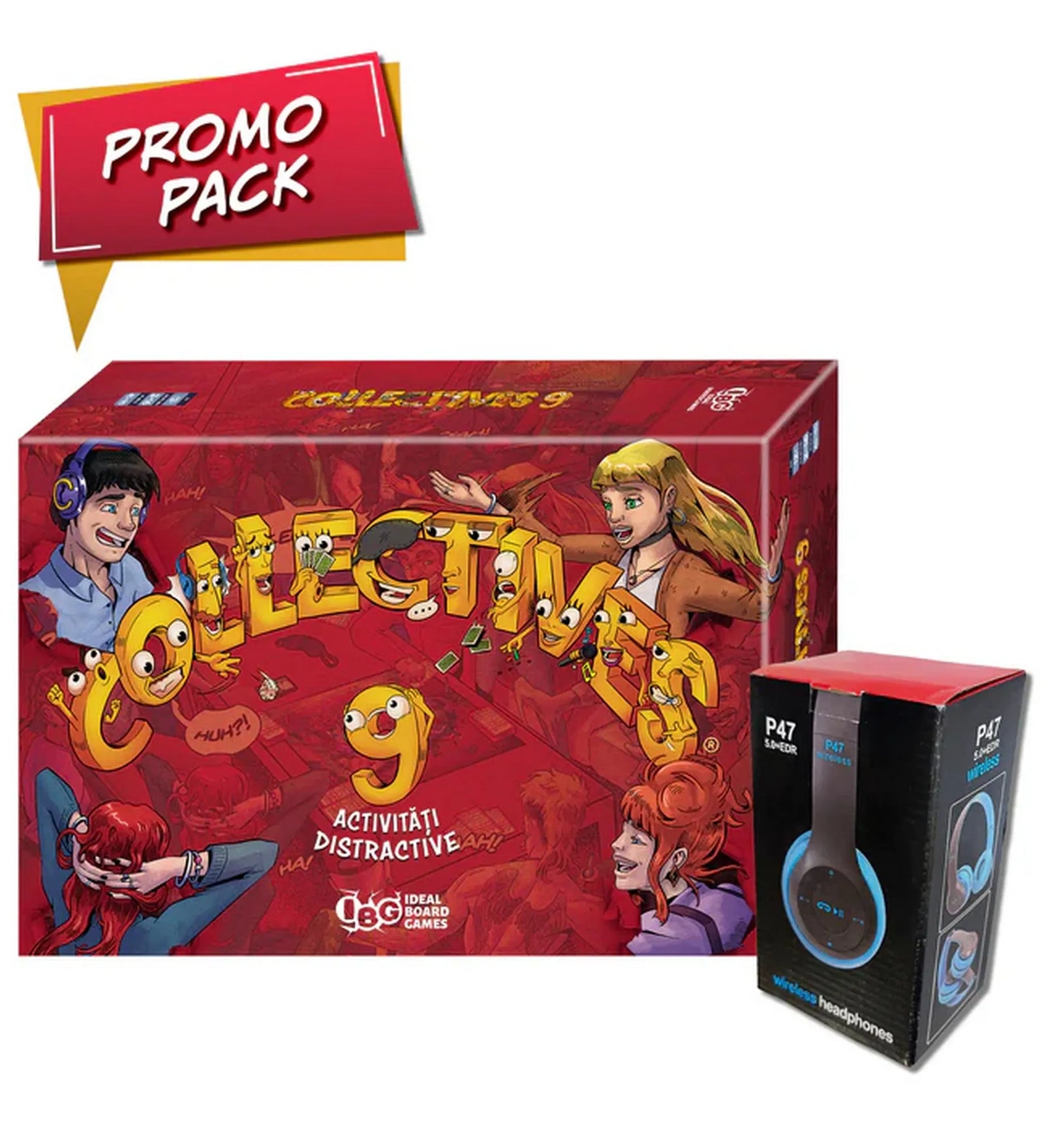 A Collectives 9 társasjáték Promo Pack változata, amely tartalmazza a vidám, kihívásokkal teli társasjátékot és egy kék színű P47 Bluetooth fejhallgatót.