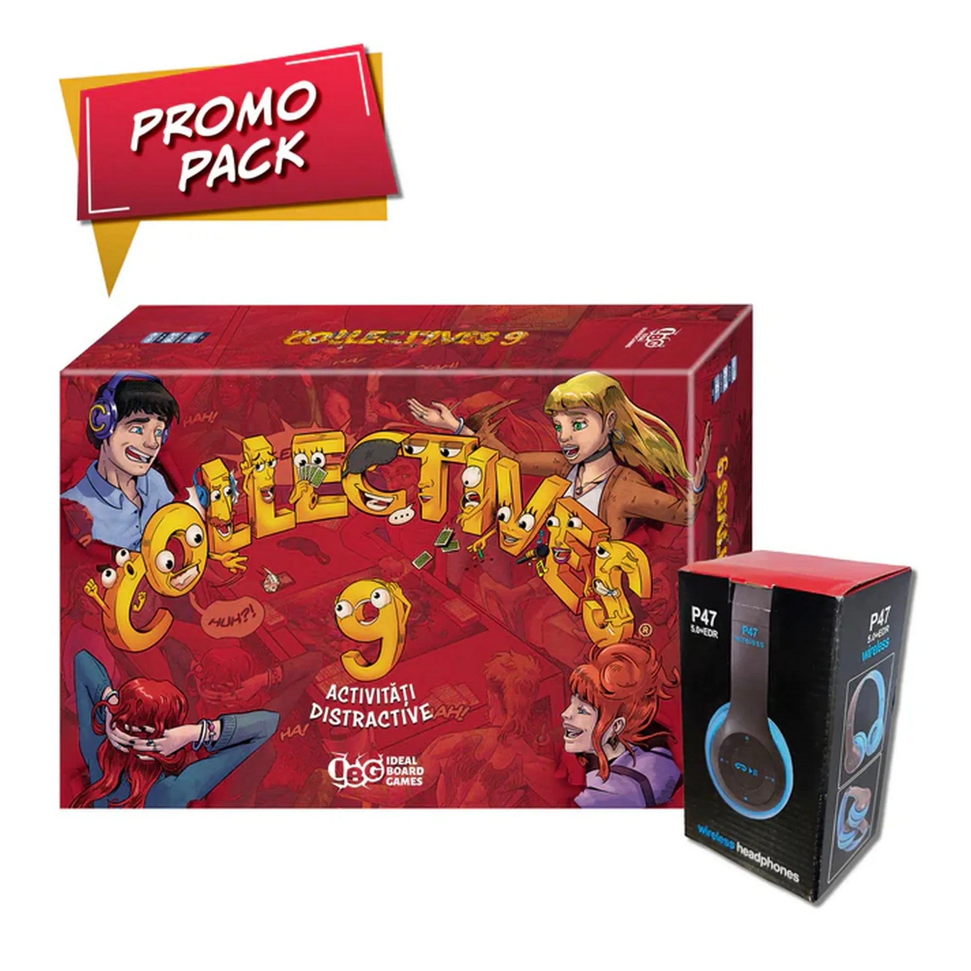 A Collectives 9 társasjáték Promo Pack változata, amely tartalmazza a vidám, kihívásokkal teli társasjátékot és egy kék színű P47 Bluetooth fejhallgatót.