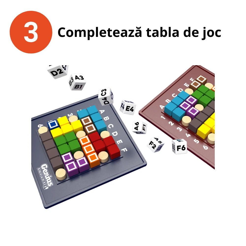 A Genius Square játék harmadik lépése: két játéktábla, amelyeken színes játékelemek töltik ki a fa akadályok közötti szabad mezőket. A román felirat jelentése: „Töltsd ki a játéktáblát!”
