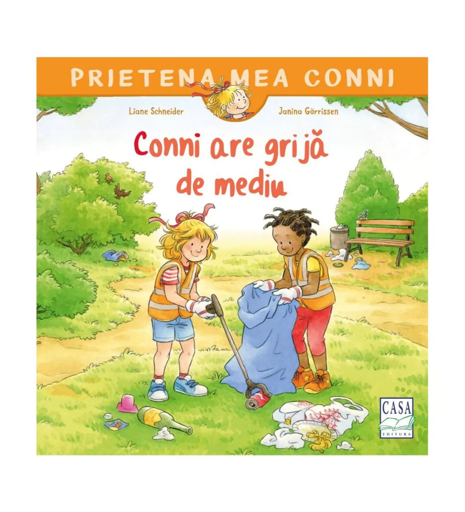 A „Prietena mea Conni – Conni are grijă de mediu” című gyerekkönyv borítóján Conni és egy barátja narancssárga láthatósági mellényben szemetet szednek a parkban. Egyikük szemétszedő fogóval teszi a hulladékot a kék zsákba, miközben körülöttük eldobált üvegek, papírok és műanyagok láthatók.