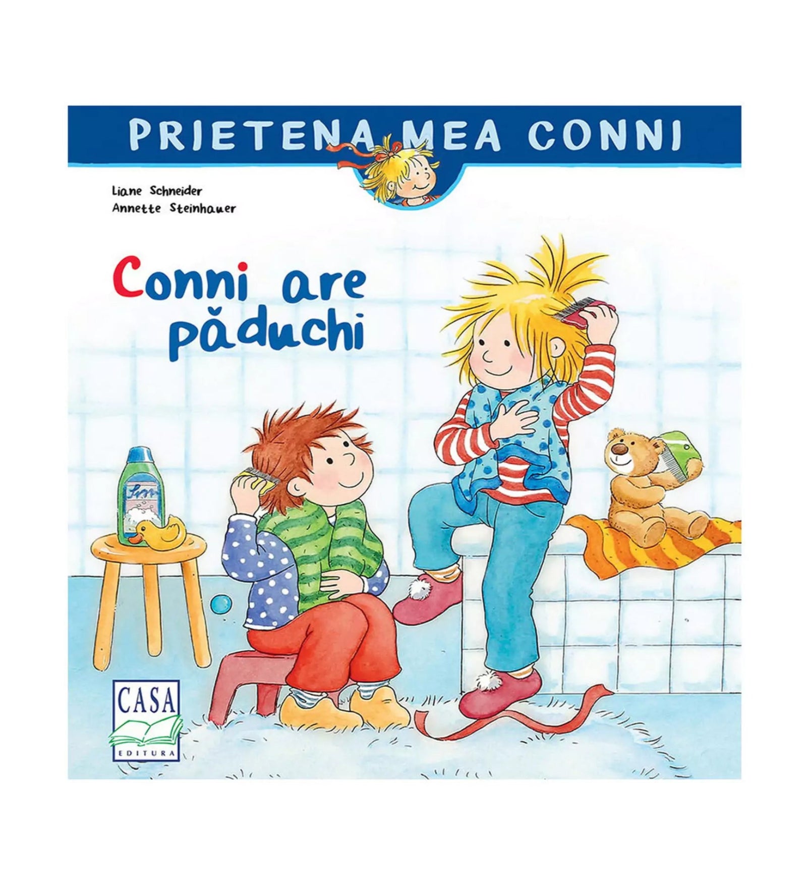 A könyvborítón a „Conni are păduchi” című könyv látható a Prietena mea Conni sorozatból. A rajzon Conni mosolyogva fésüli a haját, mellette egy kisfiú ül piros nadrágban és zöld mellényben, a háttérben pedig egy plüssmackó pihen egy narancssárga törölközőn.