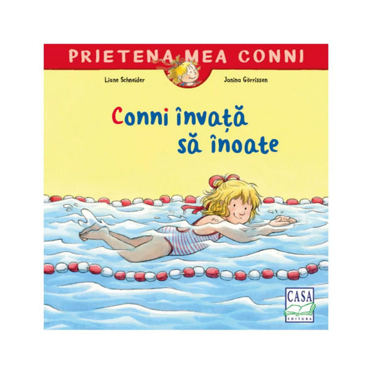 A könyvborítón a „Prietena mea Conni – Conni învață să înoate” című kiadvány látható, amelyen Conni piros-fehér csíkos fürdőruhában vidáman úszik a medencében, piros-fehér bójákkal elválasztott vízben.
