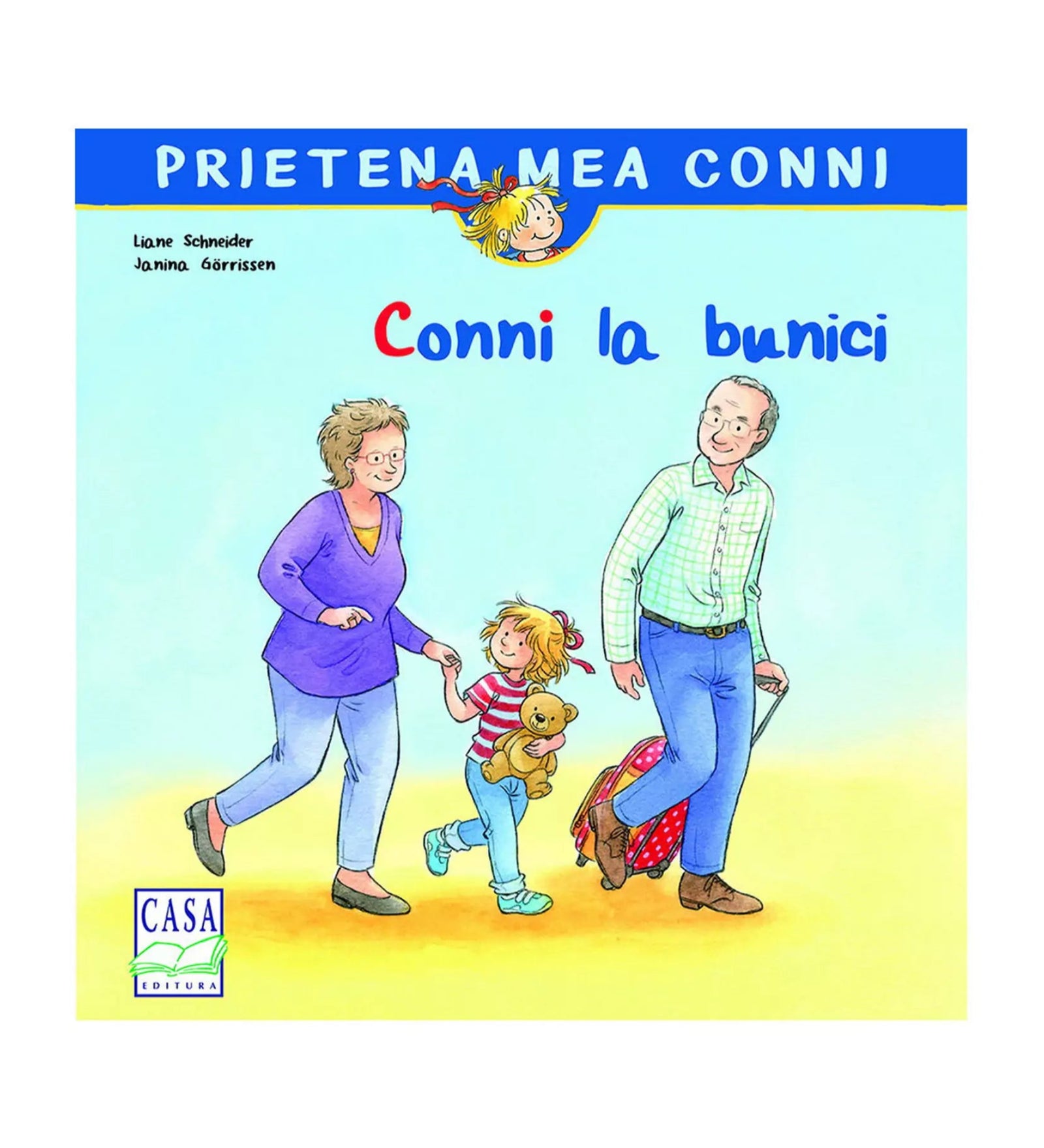 A „Conni la bunici” című gyerekkönyv borítója, amelyen Conni nagyszüleivel sétál, kezében plüssmackóval, vidám hangulatban.