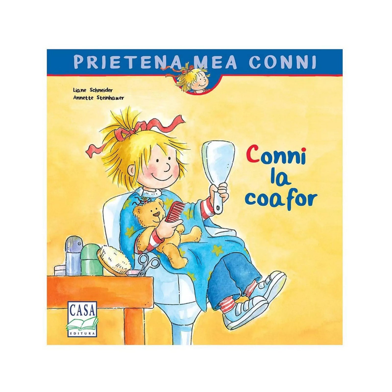 A könyvborítón a „Conni la coafor” című könyv látható a Prietena mea Conni sorozatból. A vidám illusztráción Conni egy fodrászszékben ül, kék köpenyt visel, kezében tükröt és fésűt tart, ölében pedig a plüssmackója ül. A háttér sárga, a jobb oldalon piros-kék betűkkel olvasható a könyv címe.